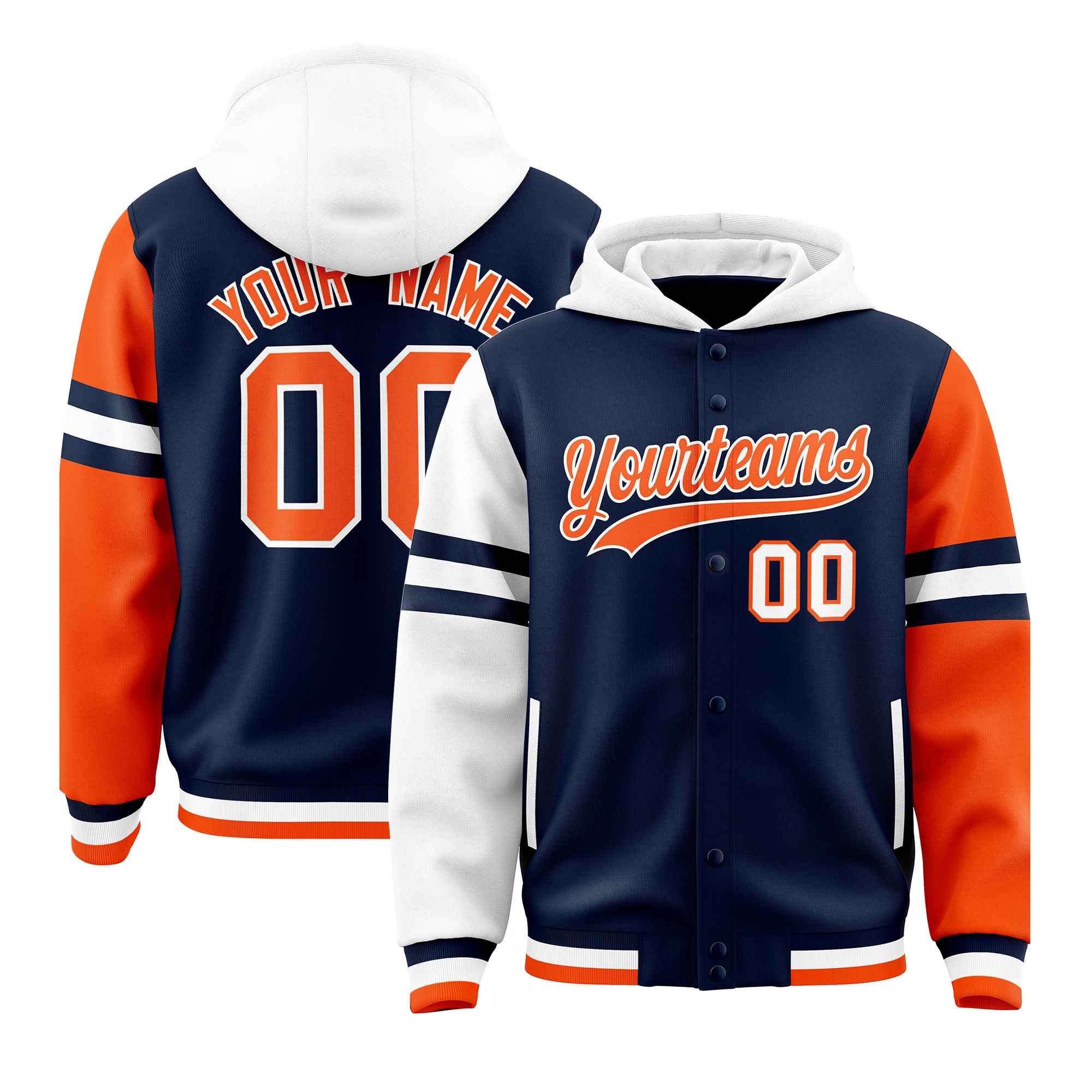 Custom Navy White-Orange Raglan Sleeves Varsity Full-Snap Letterman Three Stripes Jacket Hoodie| KXKSHOP