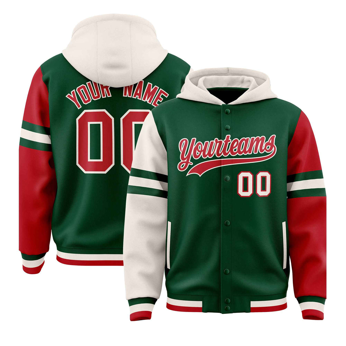 Custom Green Cream-Red Raglan Sleeves Varsity Full-Snap Letterman Three Stripes Jacket Hoodie| KXKSHOP