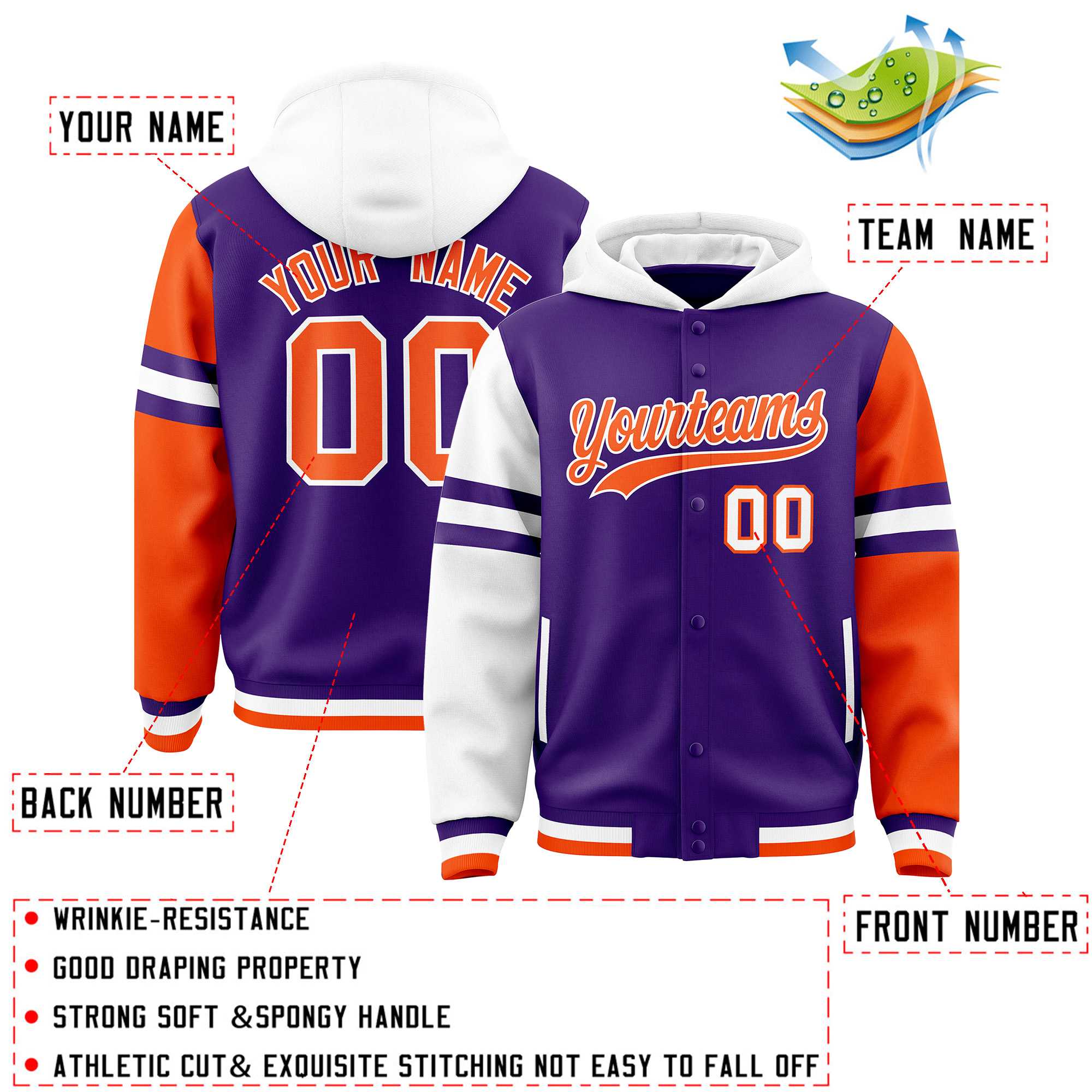 Custom Purple White-Orange Raglan Sleeves Varsity Full-Snap Letterman Three Stripes Jacket Hoodie| KXKSHOP