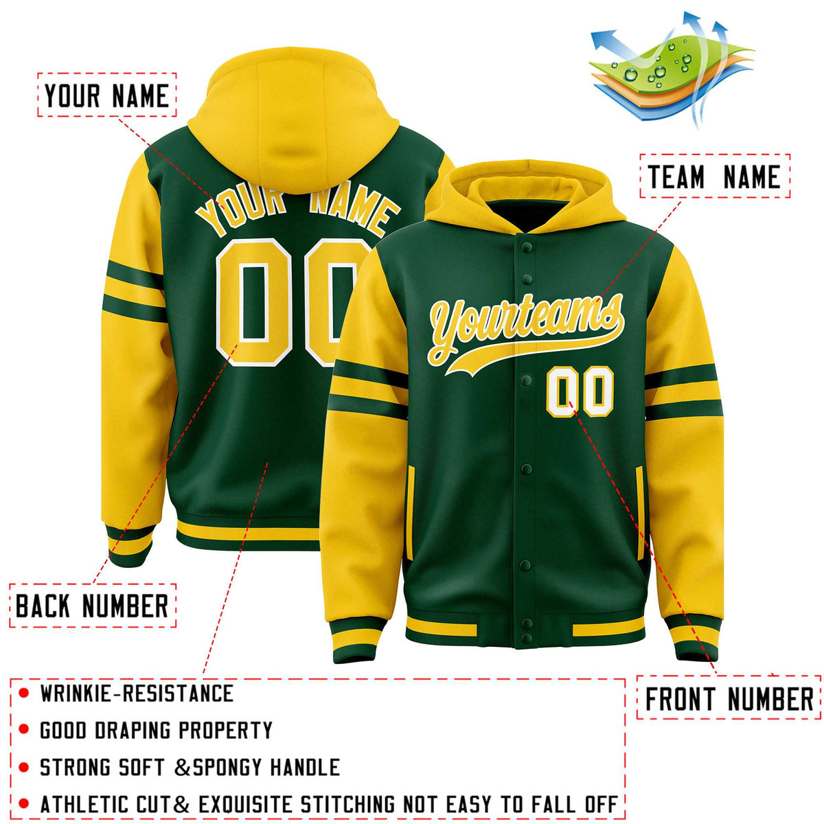 Custom Green Gold Raglan Sleeves Varsity Full-Snap Letterman Three Stripes Jacket Hoodie| KXKSHOP
