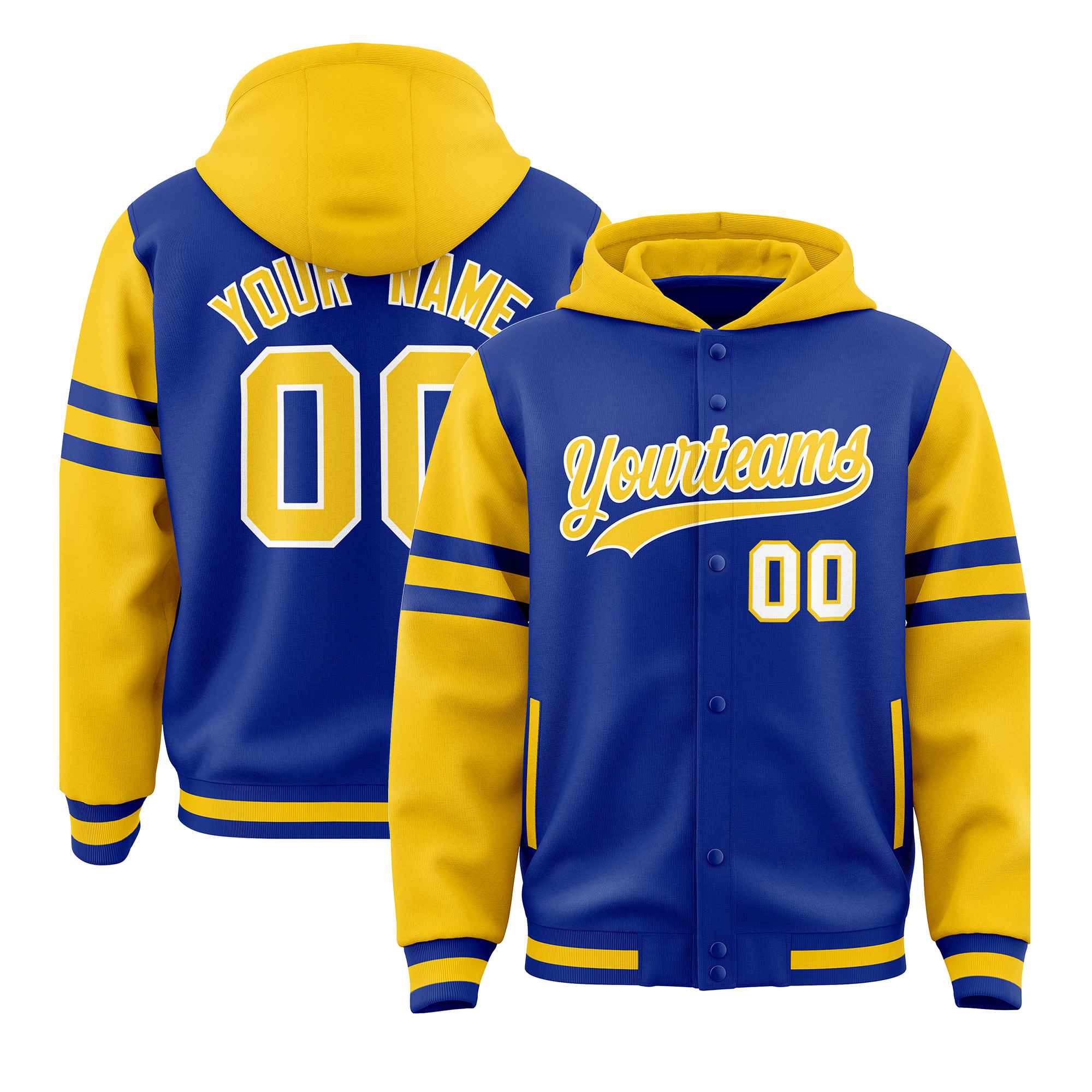 Custom Royal Gold Raglan Sleeves Varsity Full-Snap Letterman Three Stripes Jacket Hoodie| KXKSHOP