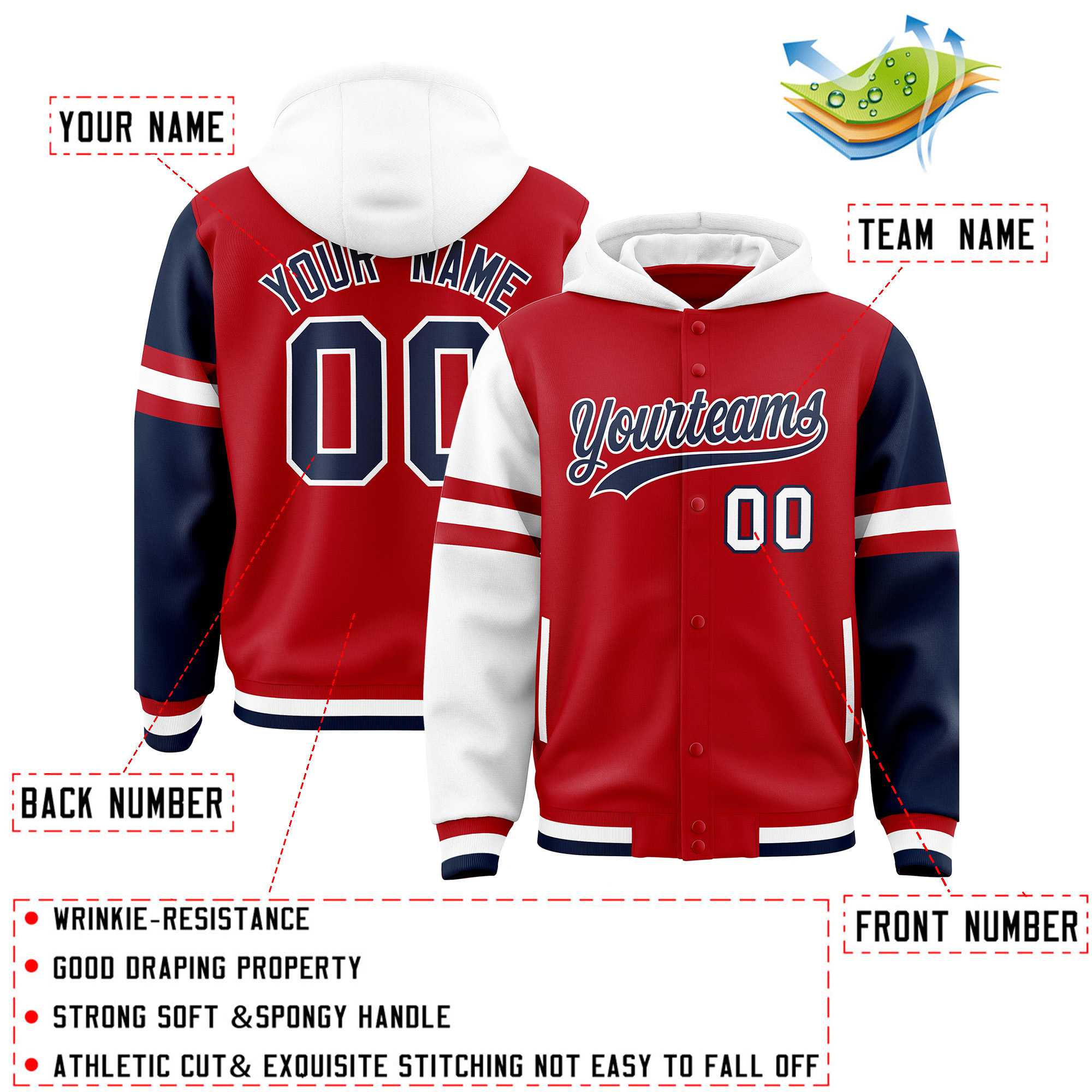 Custom Red White-Navy Raglan Sleeves Varsity Full-Snap Letterman Three Stripes Jacket Hoodie| KXKSHOP