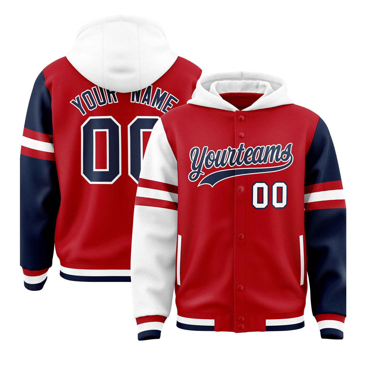 Custom Red White-Navy Raglan Sleeves Varsity Full-Snap Letterman Three Stripes Jacket Hoodie| KXKSHOP