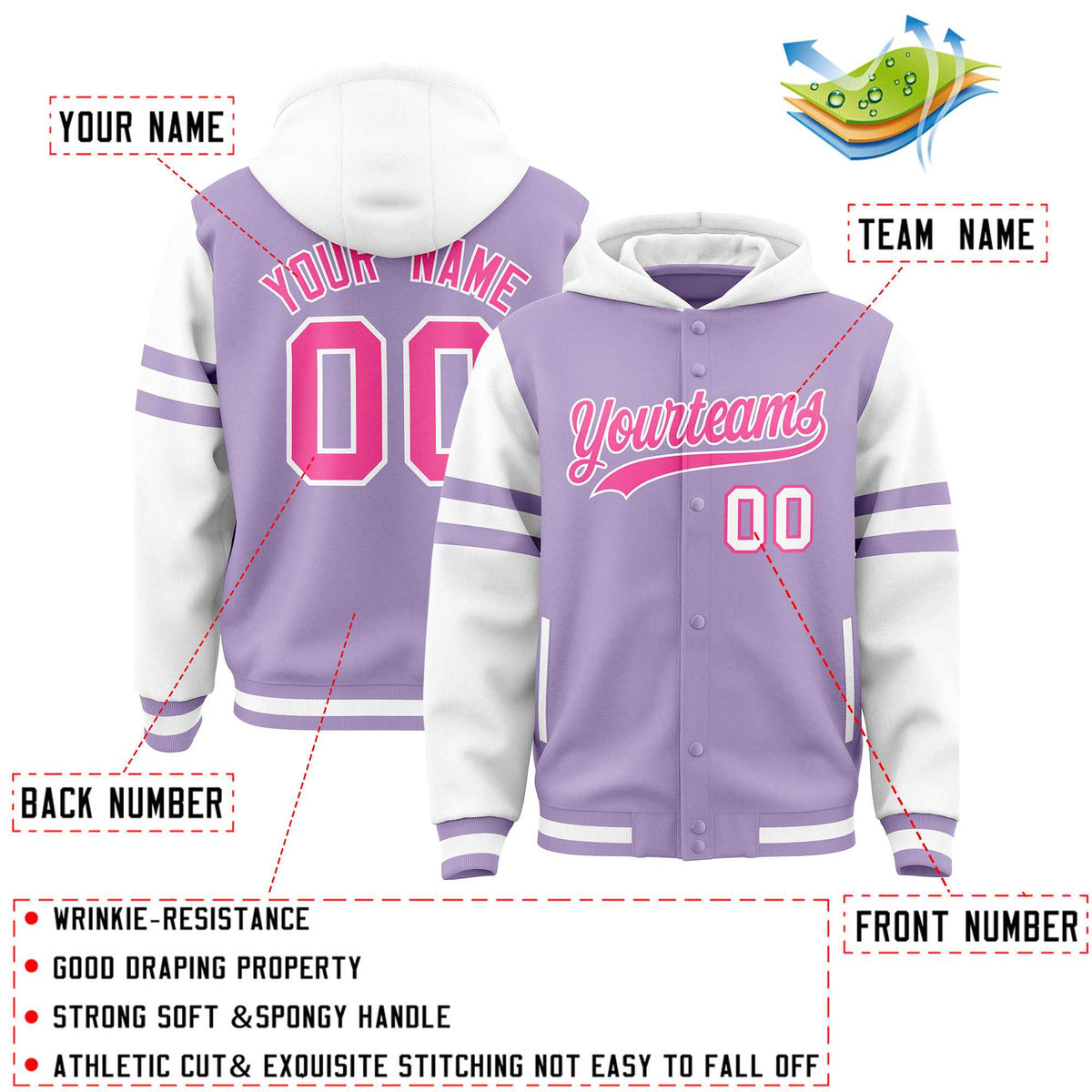 Custom Light Purple White Raglan Sleeves Varsity Full-Snap Letterman Three Stripes Jacket Hoodie| KXKSHOP
