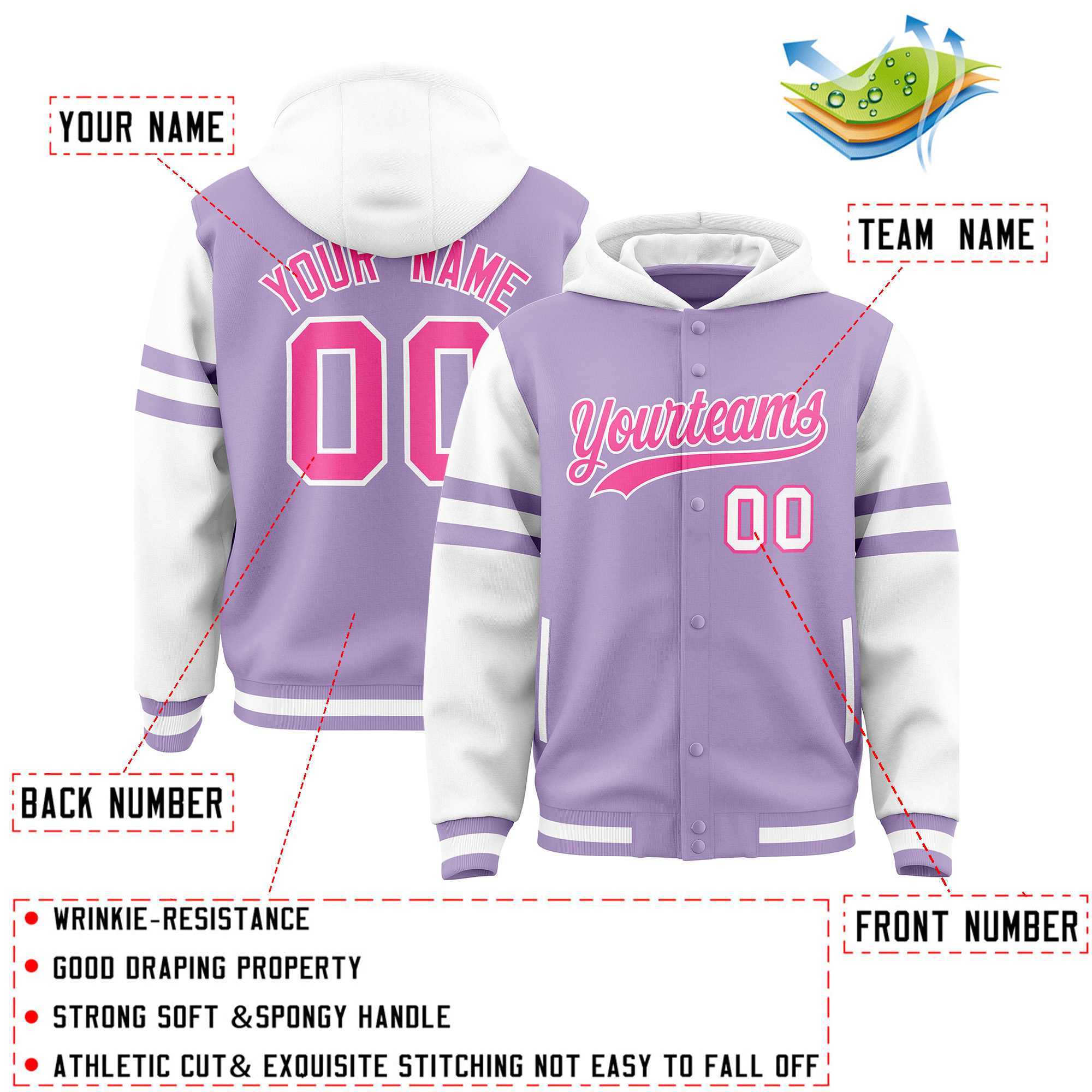 Custom Light Purple White Raglan Sleeves Varsity Full-Snap Letterman Three Stripes Jacket Hoodie| KXKSHOP
