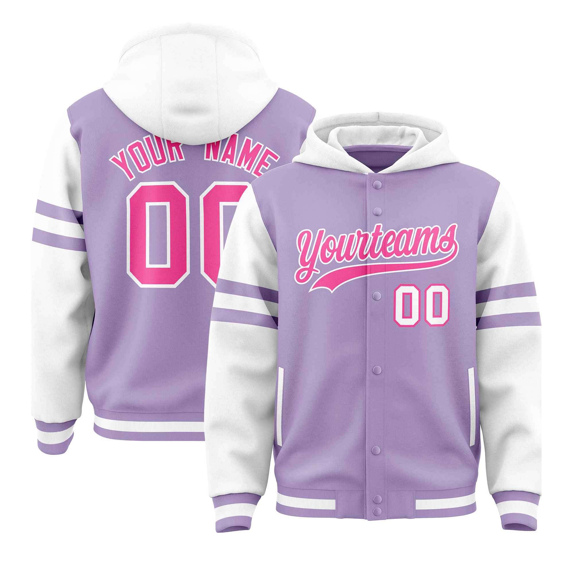 Custom Light Purple White Raglan Sleeves Varsity Full-Snap Letterman Three Stripes Jacket Hoodie| KXKSHOP