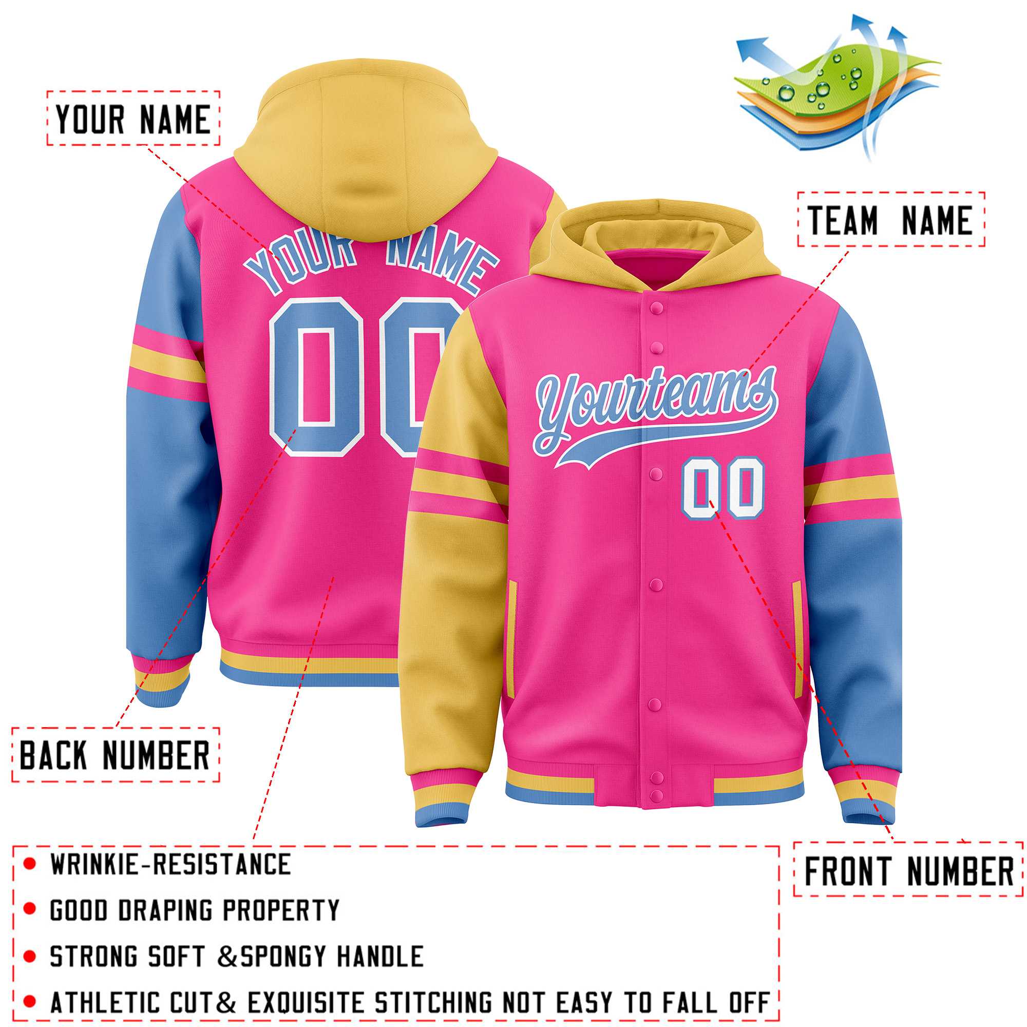 Custom Pink Khaki-Light Blue Raglan Sleeves Varsity Full-Snap Letterman Three Stripes Jacket Hoodie| KXKSHOP