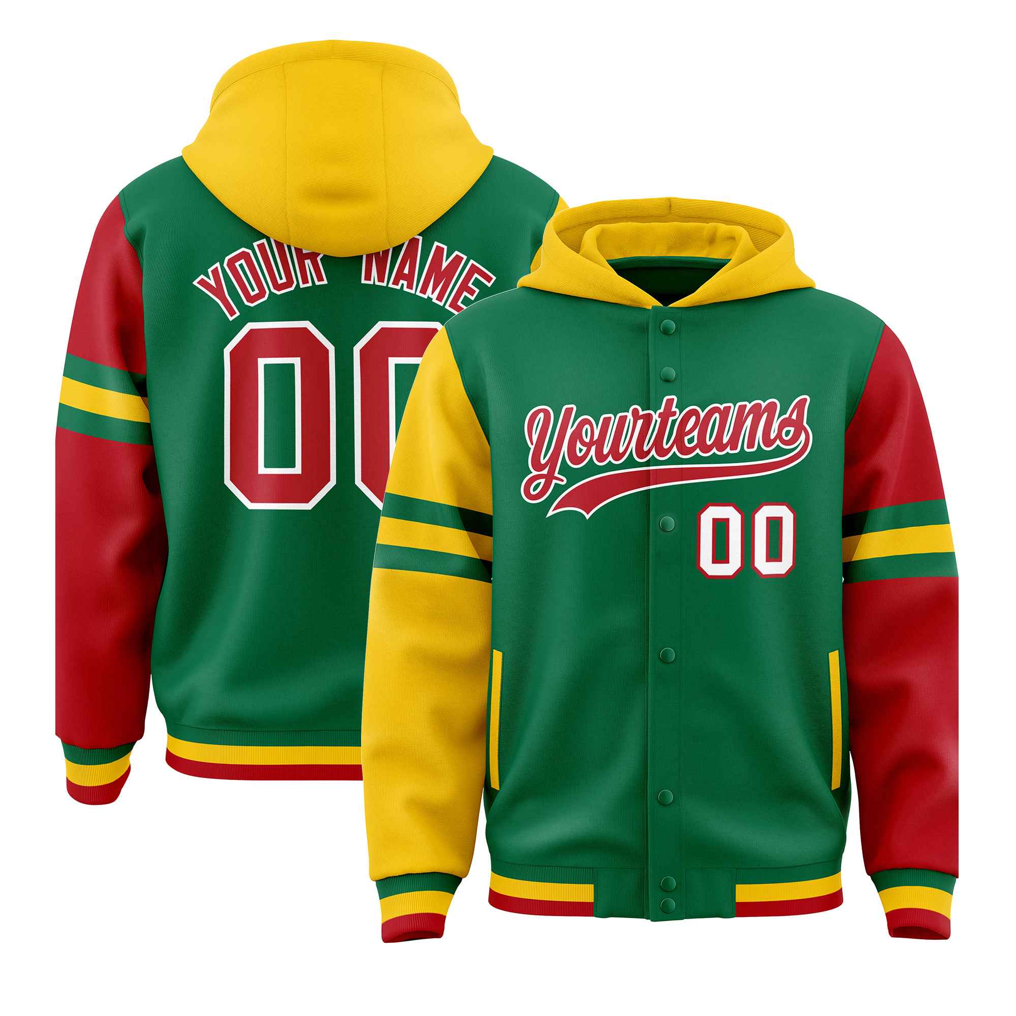 Custom Kelly Green Gold-Red Raglan Sleeves Varsity Full-Snap Letterman Three Stripes Jacket Hoodie| KXKSHOP