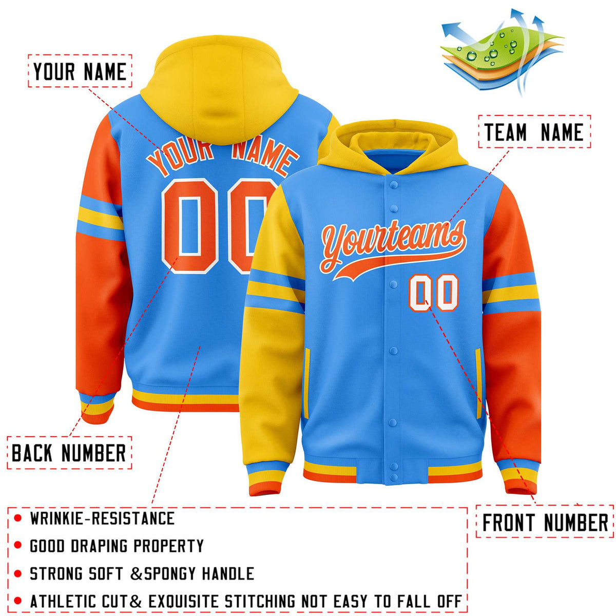 Custom Powder Blue Gold-Orange Raglan Sleeves Varsity Full-Snap Letterman Three Stripes Jacket Hoodie| KXKSHOP