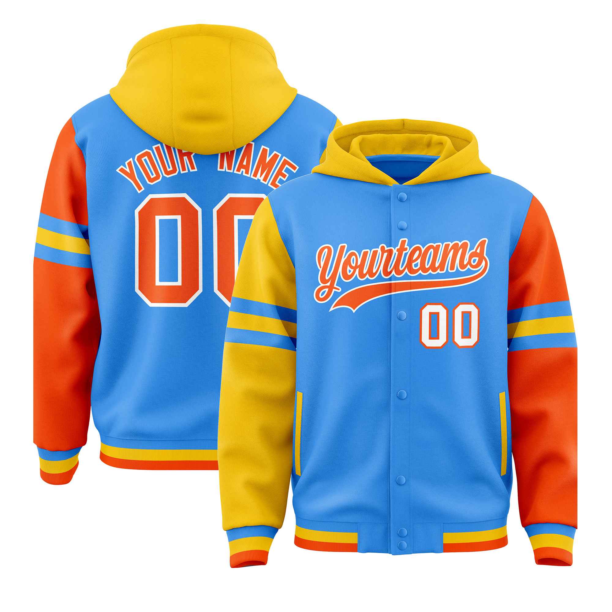 Custom Powder Blue Gold-Orange Raglan Sleeves Varsity Full-Snap Letterman Three Stripes Jacket Hoodie| KXKSHOP