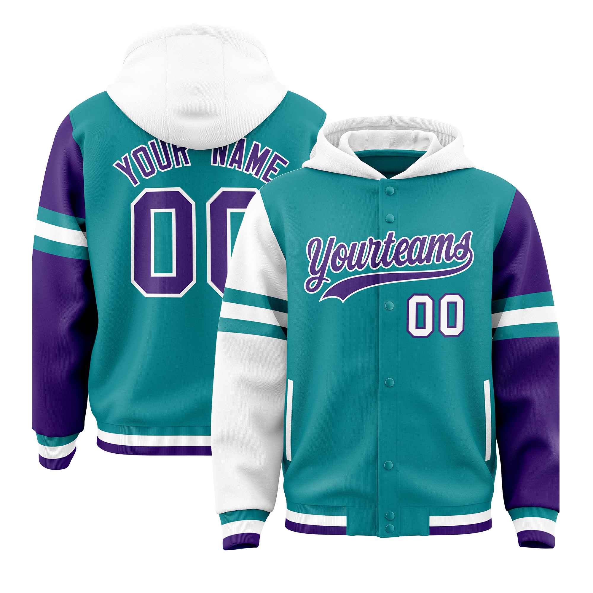 Custom Aqua White-Purple Raglan Sleeves Varsity Full-Snap Letterman Three Stripes Jacket Hoodie| KXKSHOP