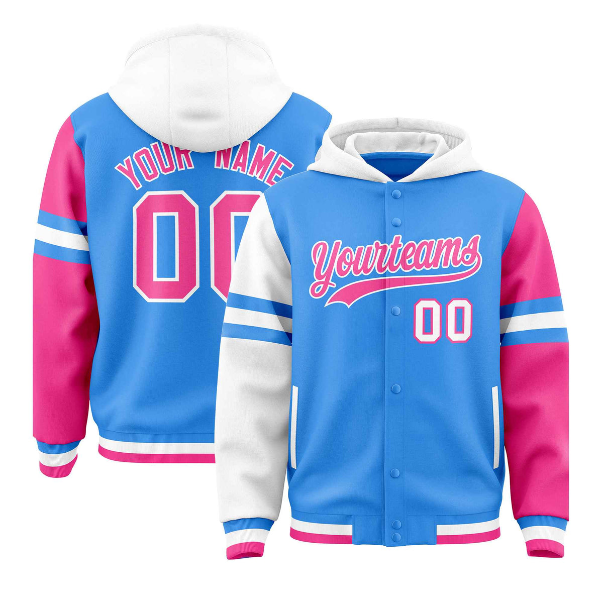 Custom Powder Blue White-Pink Raglan Sleeves Varsity Full-Snap Letterman Three Stripes Jacket Hoodie| KXKSHOP