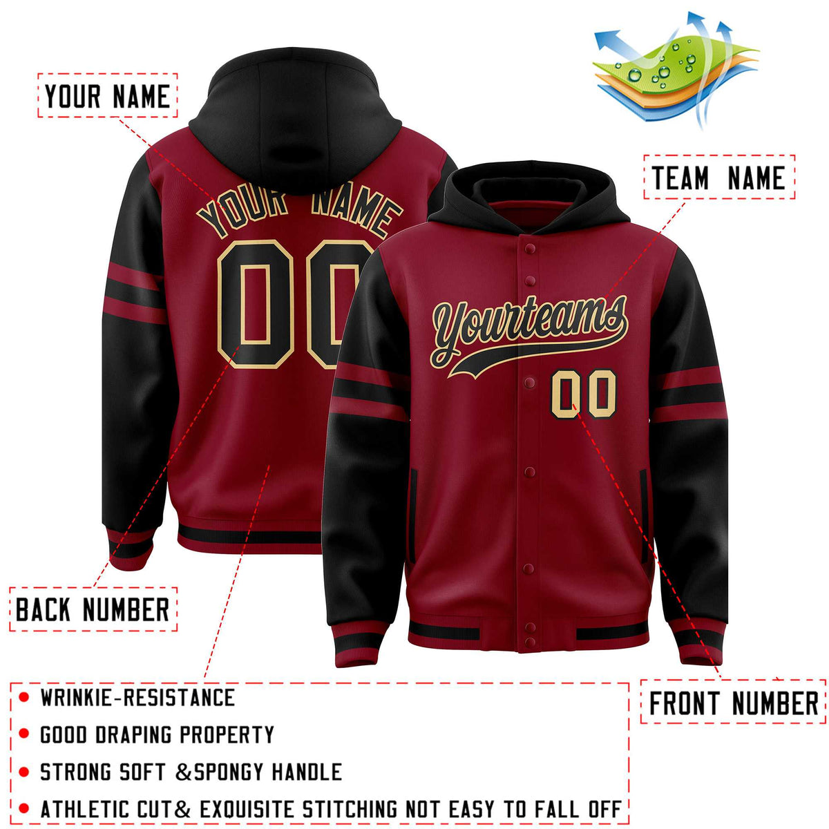 Custom Crimson Black Raglan Sleeves Varsity Full-Snap Letterman Three Stripes Jacket Hoodie| KXKSHOP