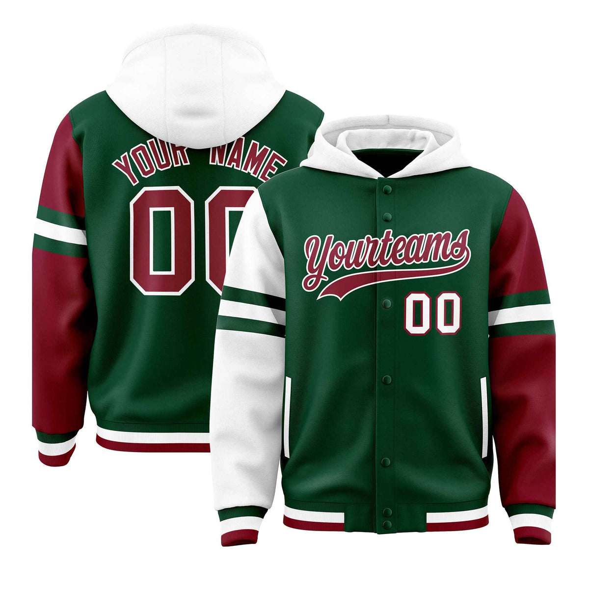 Custom Green White-Crimson Raglan Sleeves Varsity Full-Snap Letterman Three Stripes Jacket Hoodie| KXKSHOP
