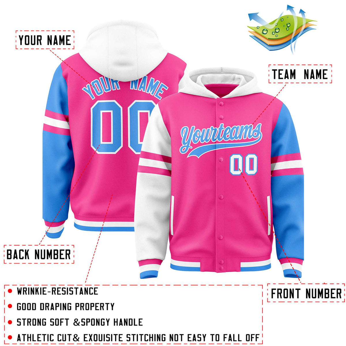 Custom Pink White-Powder Blue Raglan Sleeves Varsity Full-Snap Letterman Three Stripes Jacket Hoodie| KXKSHOP