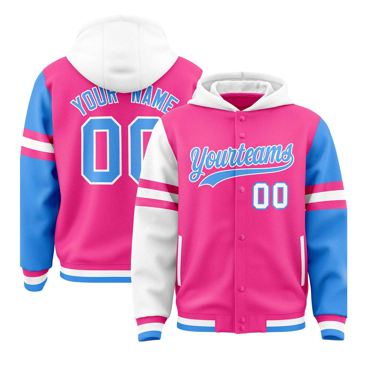 Custom Pink White-Powder Blue Raglan Sleeves Varsity Full-Snap Letterman Three Stripes Jacket Hoodie| KXKSHOP