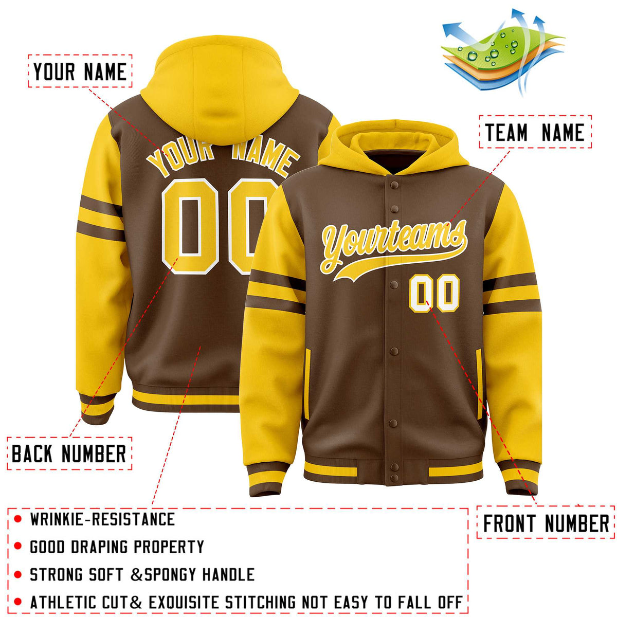 Custom Light Brown Gold Raglan Sleeves Varsity Full-Snap Letterman Three Stripes Jacket Hoodie| KXKSHOP
