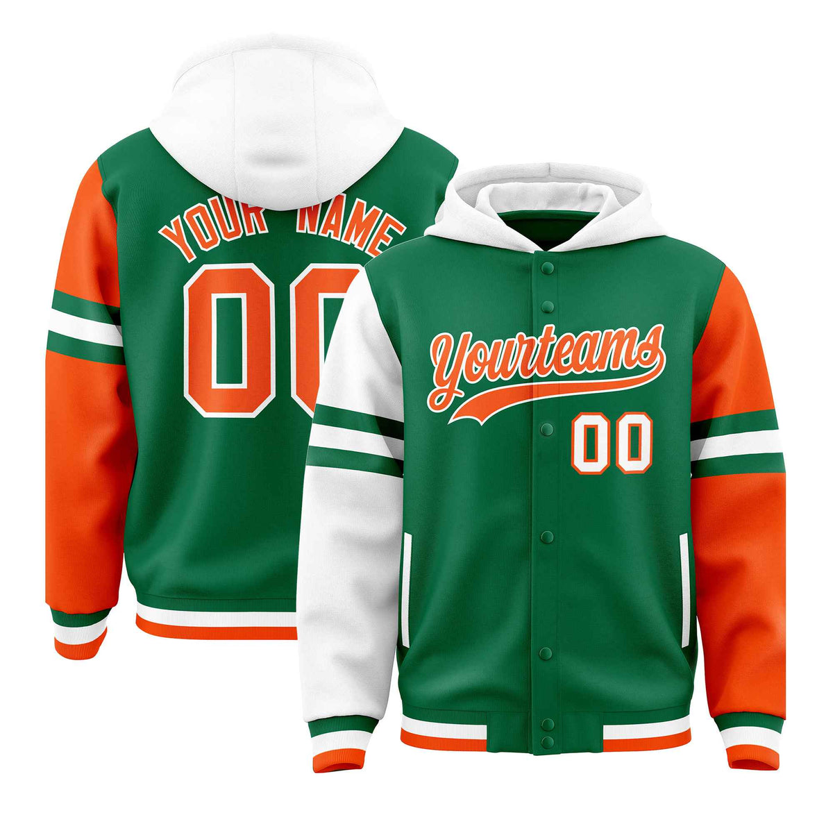 Custom Kelly Green White-Orange Raglan Sleeves Varsity Full-Snap Letterman Three Stripes Jacket Hoodie| KXKSHOP