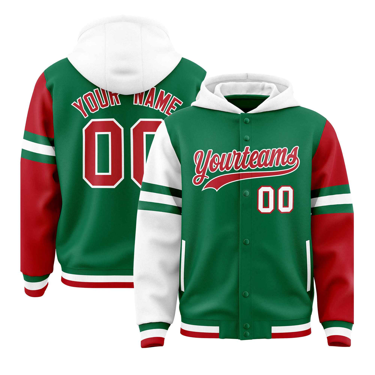 Custom Kelly Green White-Red Raglan Sleeves Varsity Full-Snap Letterman Three Stripes Jacket Hoodie| KXKSHOP