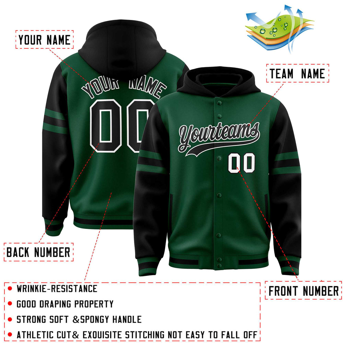 Custom Green Black Raglan Sleeves Varsity Full-Snap Letterman Three Stripes Jacket Hoodie| KXKSHOP