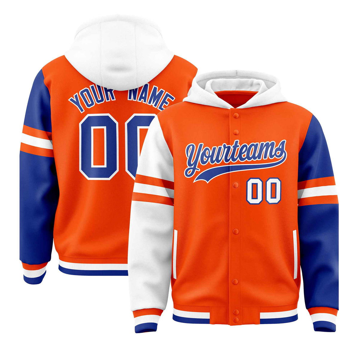 Custom Orange White-Royal Raglan Sleeves Varsity Full-Snap Letterman Three Stripes Jacket Hoodie| KXKSHOP