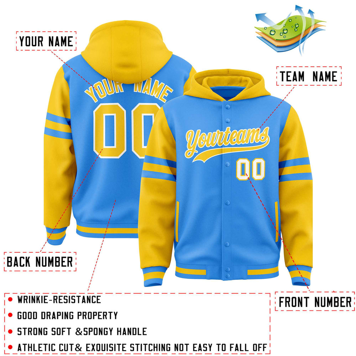 Custom Powder Blue Gold Raglan Sleeves Varsity Full-Snap Letterman Three Stripes Jacket Hoodie| KXKSHOP