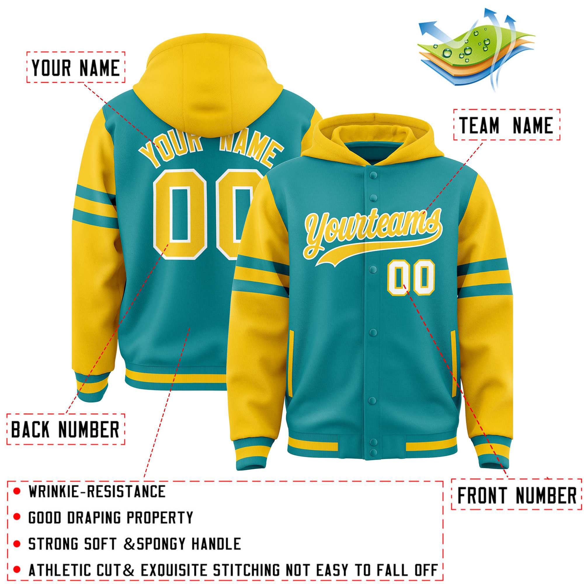 Custom Aqua Gold Raglan Sleeves Varsity Full-Snap Letterman Three Stripes Jacket Hoodie| KXKSHOP