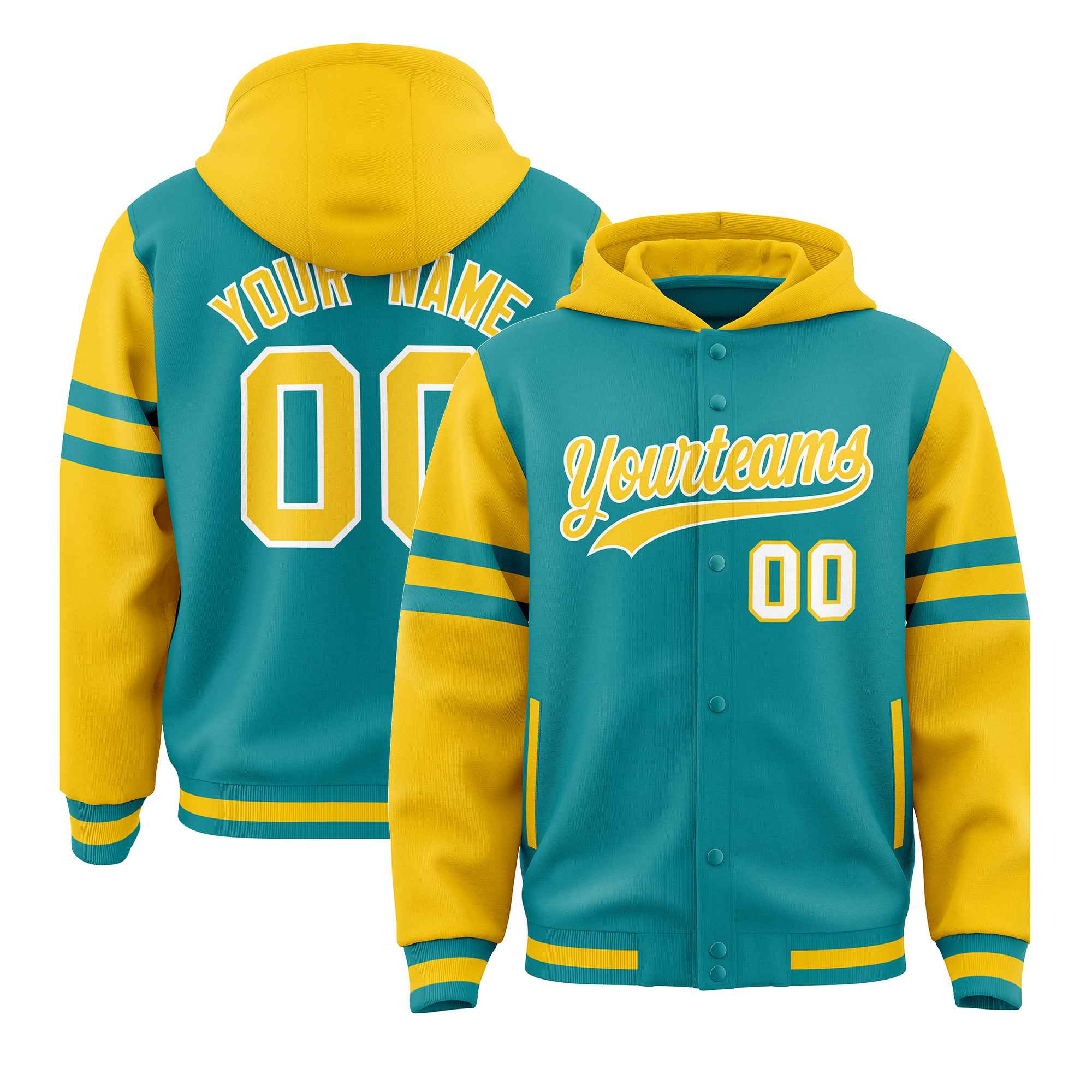 Custom Aqua Gold Raglan Sleeves Varsity Full-Snap Letterman Three Stripes Jacket Hoodie| KXKSHOP