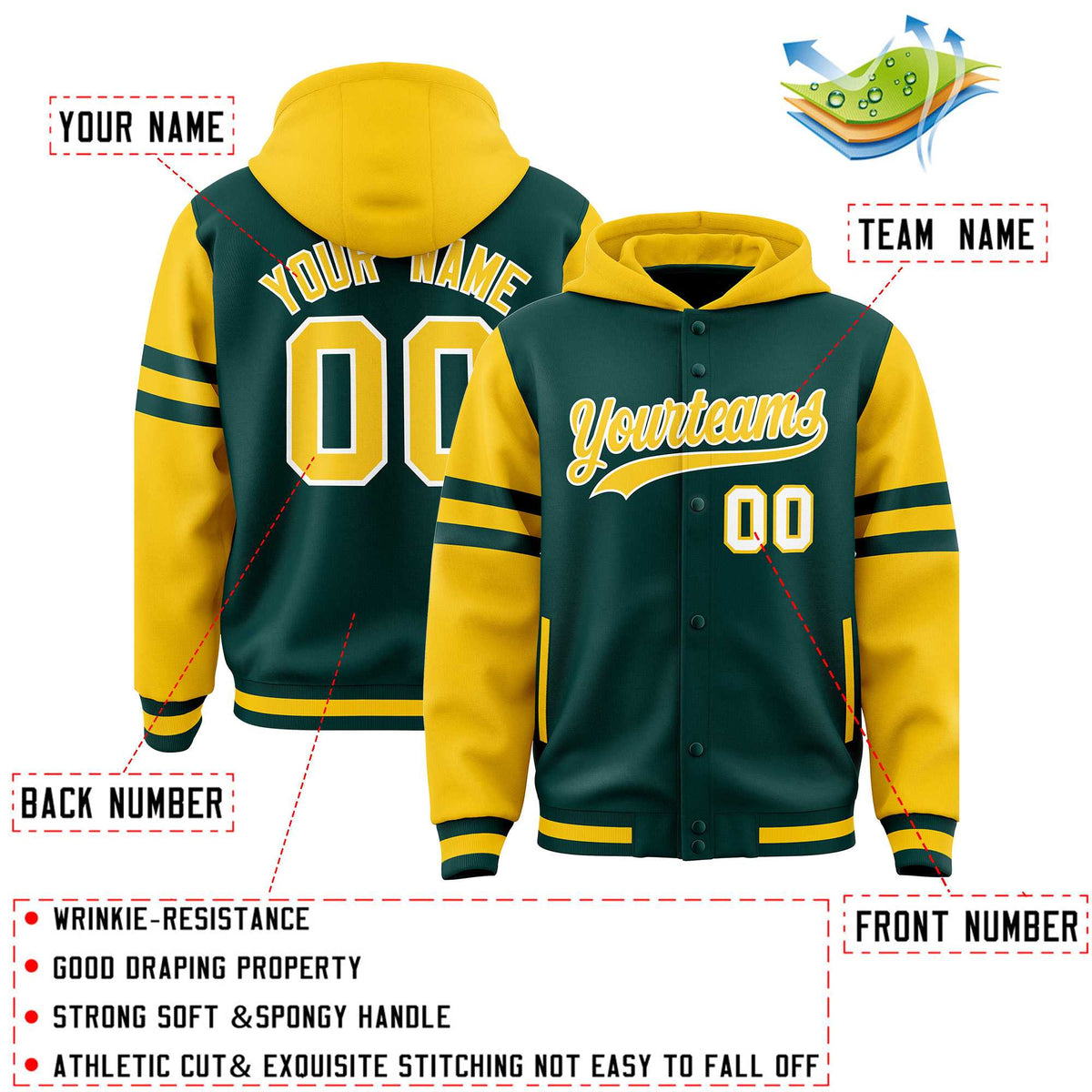 Custom Midnight Green Gold Raglan Sleeves Varsity Full-Snap Letterman Three Stripes Jacket Hoodie| KXKSHOP