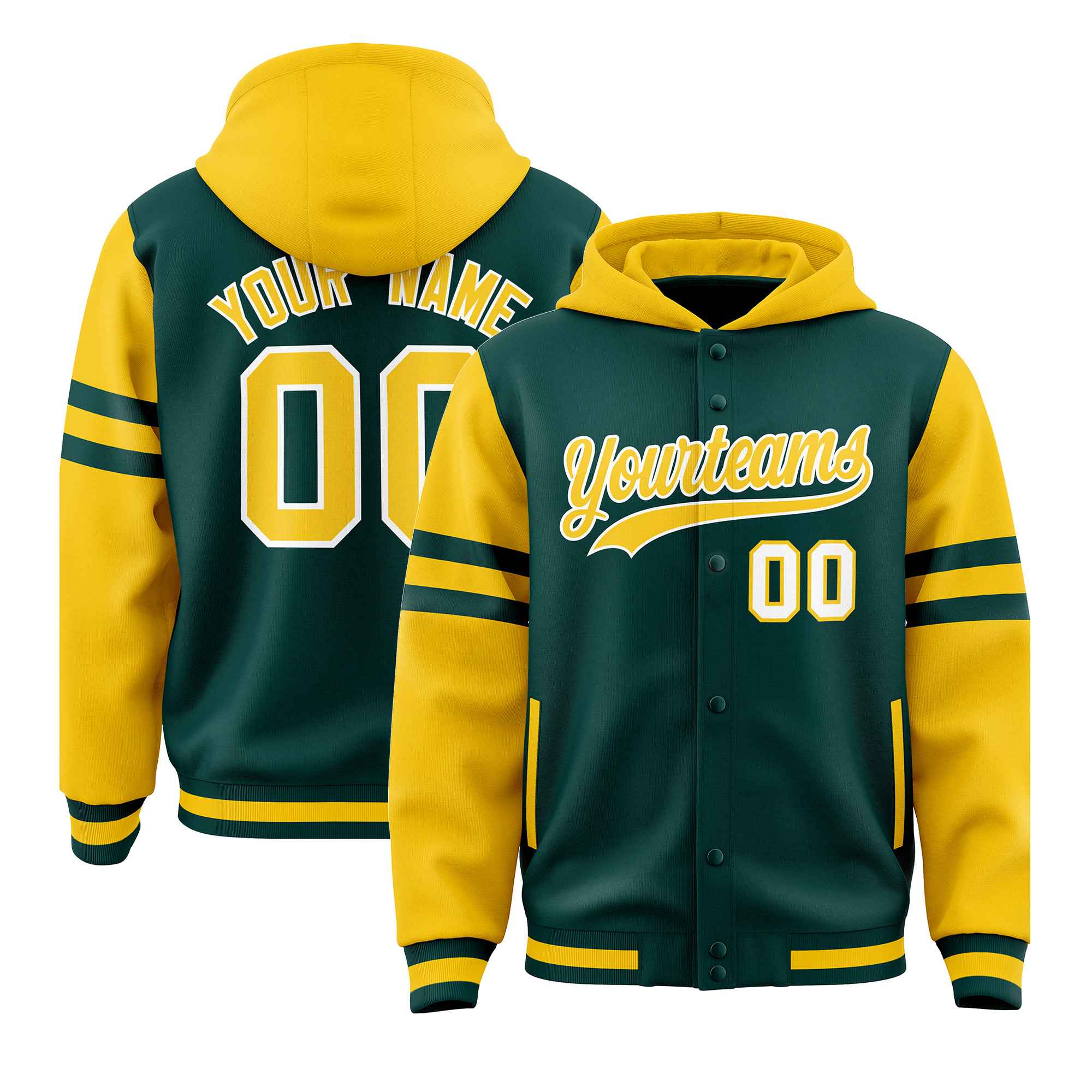 Custom Midnight Green Gold Raglan Sleeves Varsity Full-Snap Letterman Three Stripes Jacket Hoodie| KXKSHOP