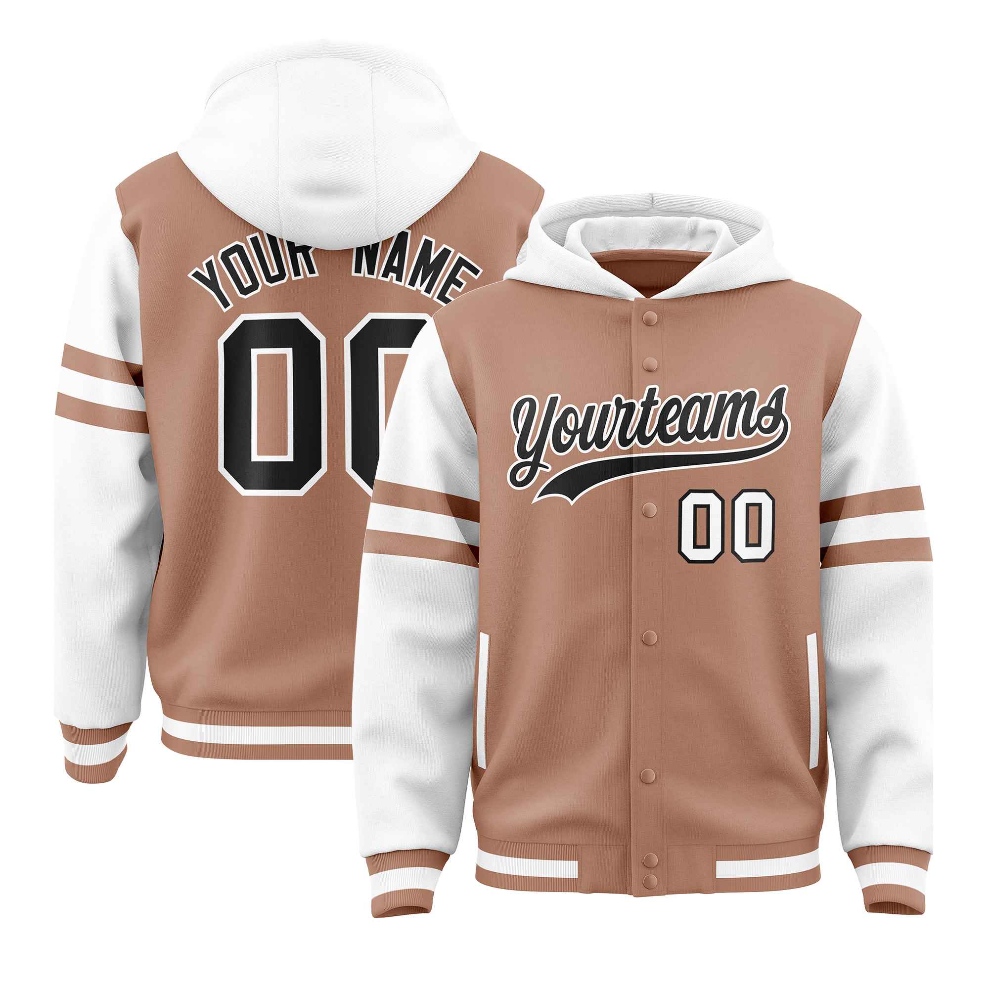 Custom Coffee Brown White Raglan Sleeves Varsity Full-Snap Letterman Three Stripes Jacket Hoodie| KXKSHOP