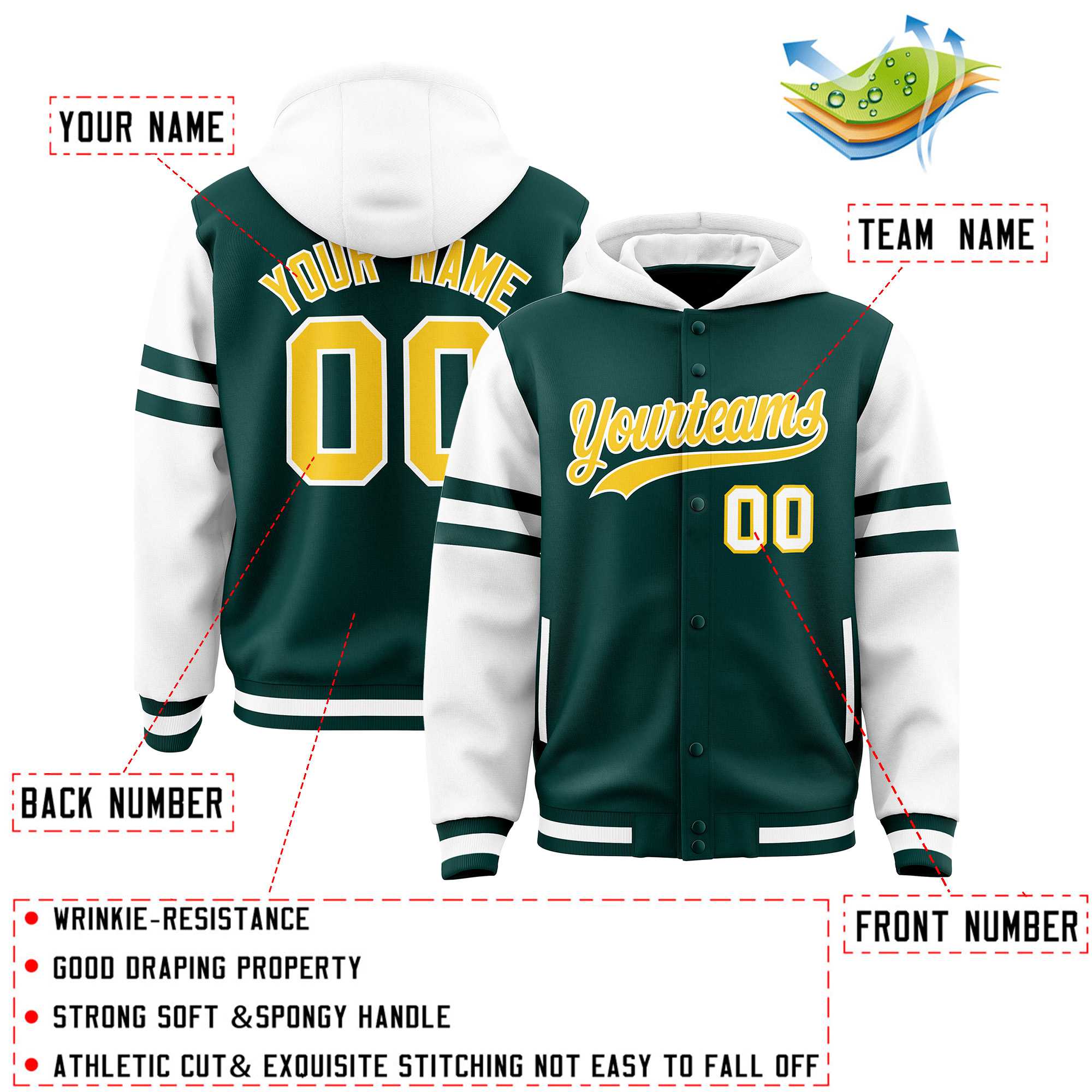 Custom Midnight Green White Raglan Sleeves Varsity Full-Snap Letterman Three Stripes Jacket Hoodie| KXKSHOP