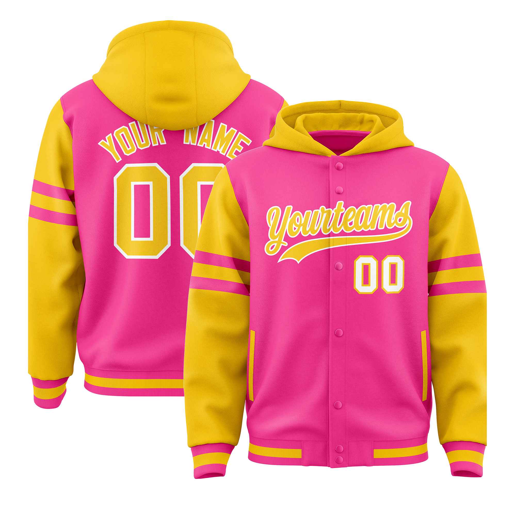 Custom Pink Gold Raglan Sleeves Varsity Full-Snap Letterman Three Stripes Jacket Hoodie| KXKSHOP