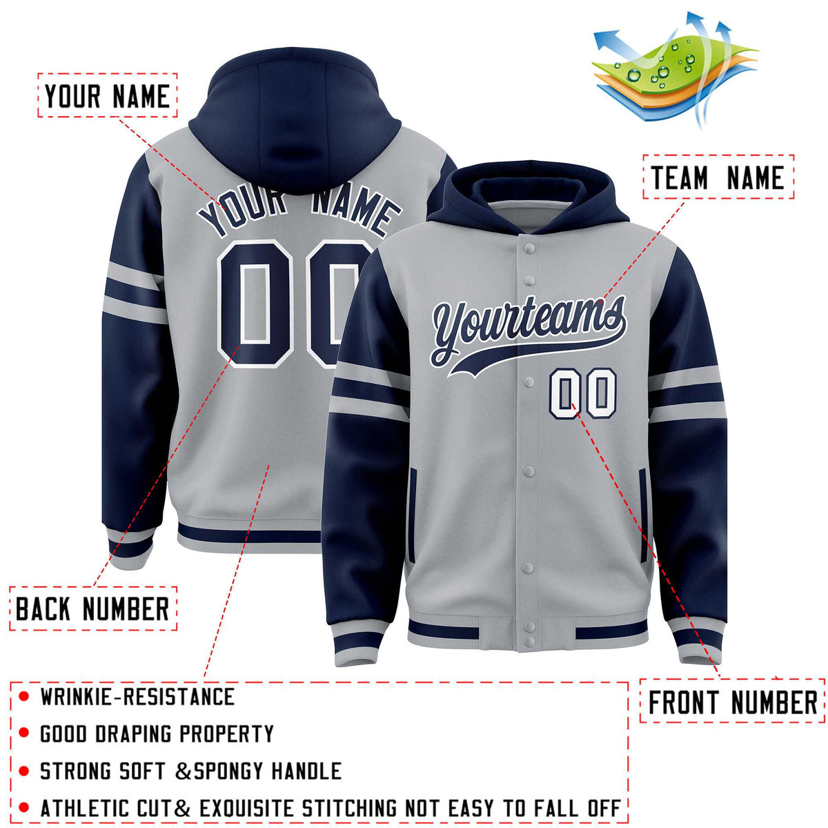 Custom Silver Navy Raglan Sleeves Varsity Full-Snap Letterman Three Stripes Jacket Hoodie| KXKSHOP