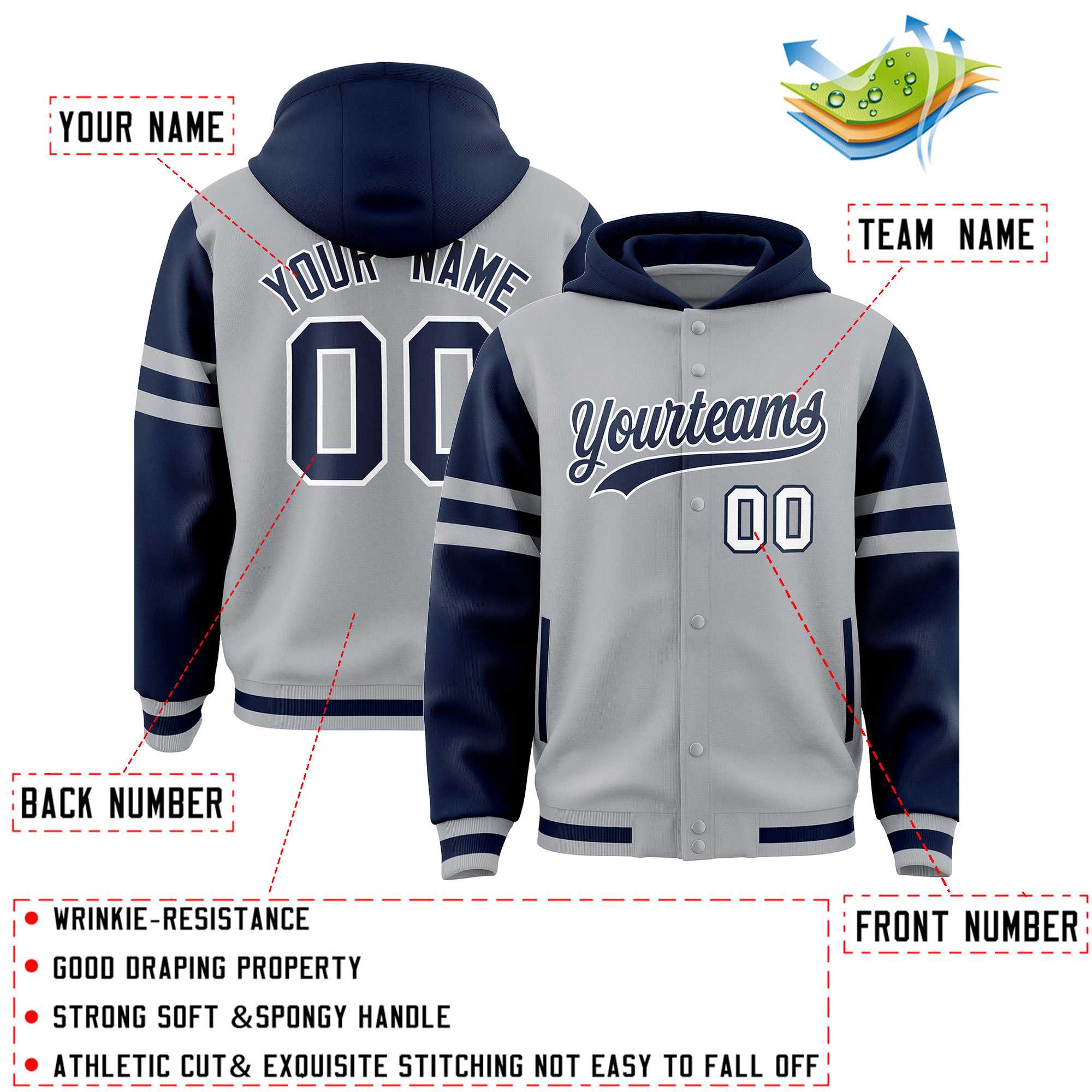 Custom Silver Navy Raglan Sleeves Varsity Full-Snap Letterman Three Stripes Jacket Hoodie| KXKSHOP
