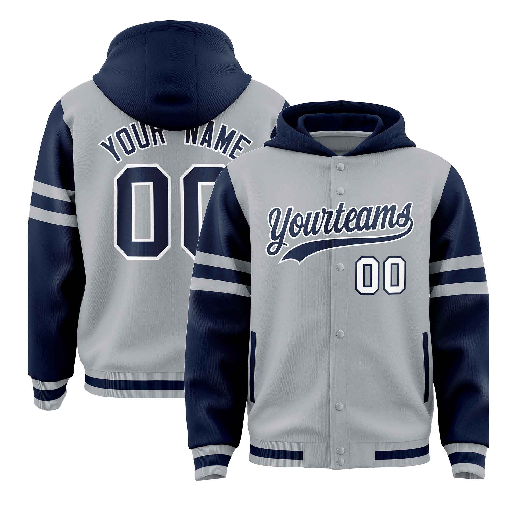 Custom Silver Navy Raglan Sleeves Varsity Full-Snap Letterman Three Stripes Jacket Hoodie| KXKSHOP