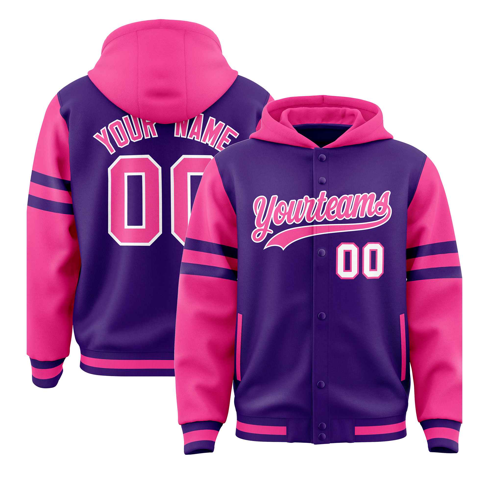 Custom Purple Pink Raglan Sleeves Varsity Full-Snap Letterman Three Stripes Jacket Hoodie| KXKSHOP