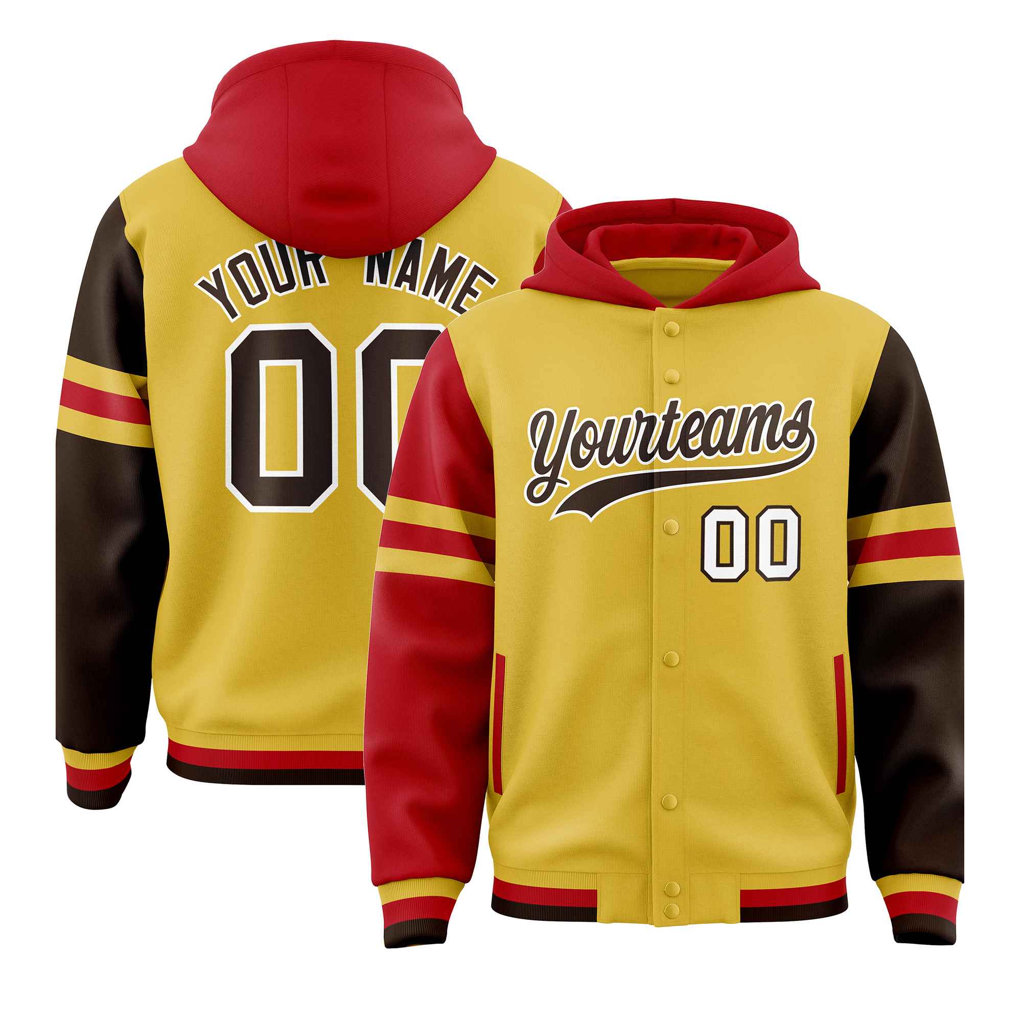 Custom Old Gold Red-Brown Raglan Sleeves Varsity Full-Snap Letterman Three Stripes Jacket Hoodie| KXKSHOP