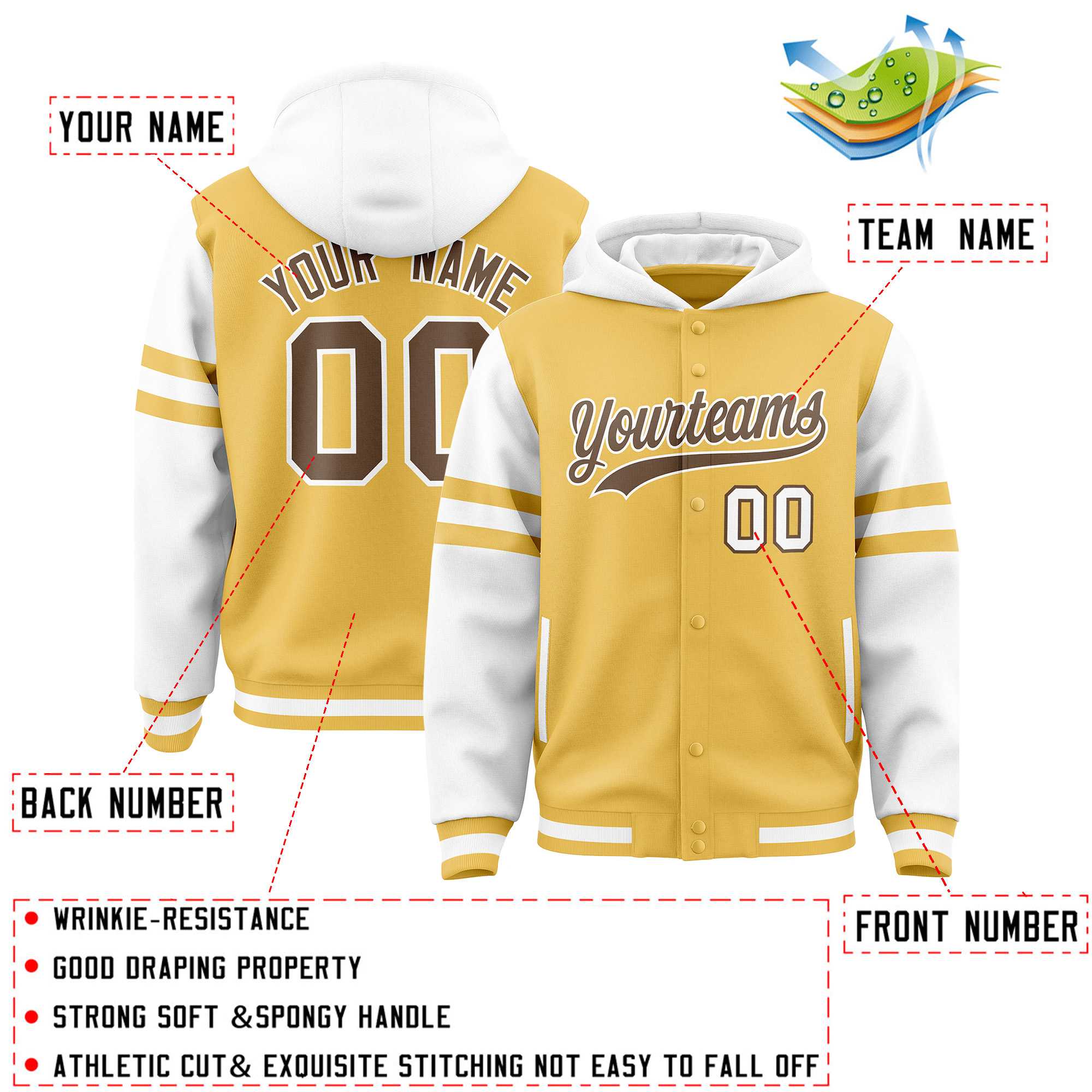Custom Khaki White Raglan Sleeves Varsity Full-Snap Letterman Three Stripes Jacket Hoodie| KXKSHOP