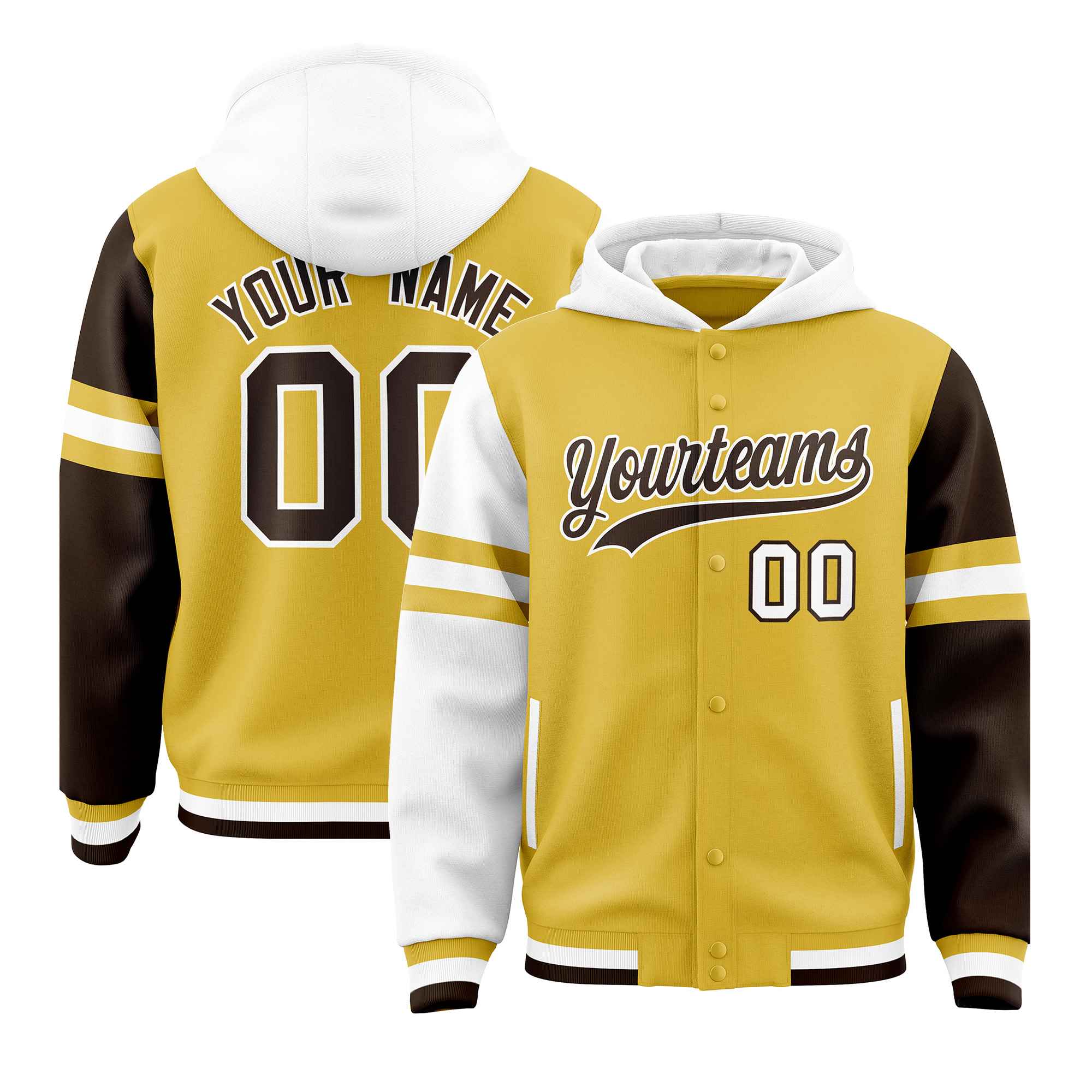 Custom Old Gold White-Brown Raglan Sleeves Varsity Full-Snap Letterman Three Stripes Jacket Hoodie| KXKSHOP