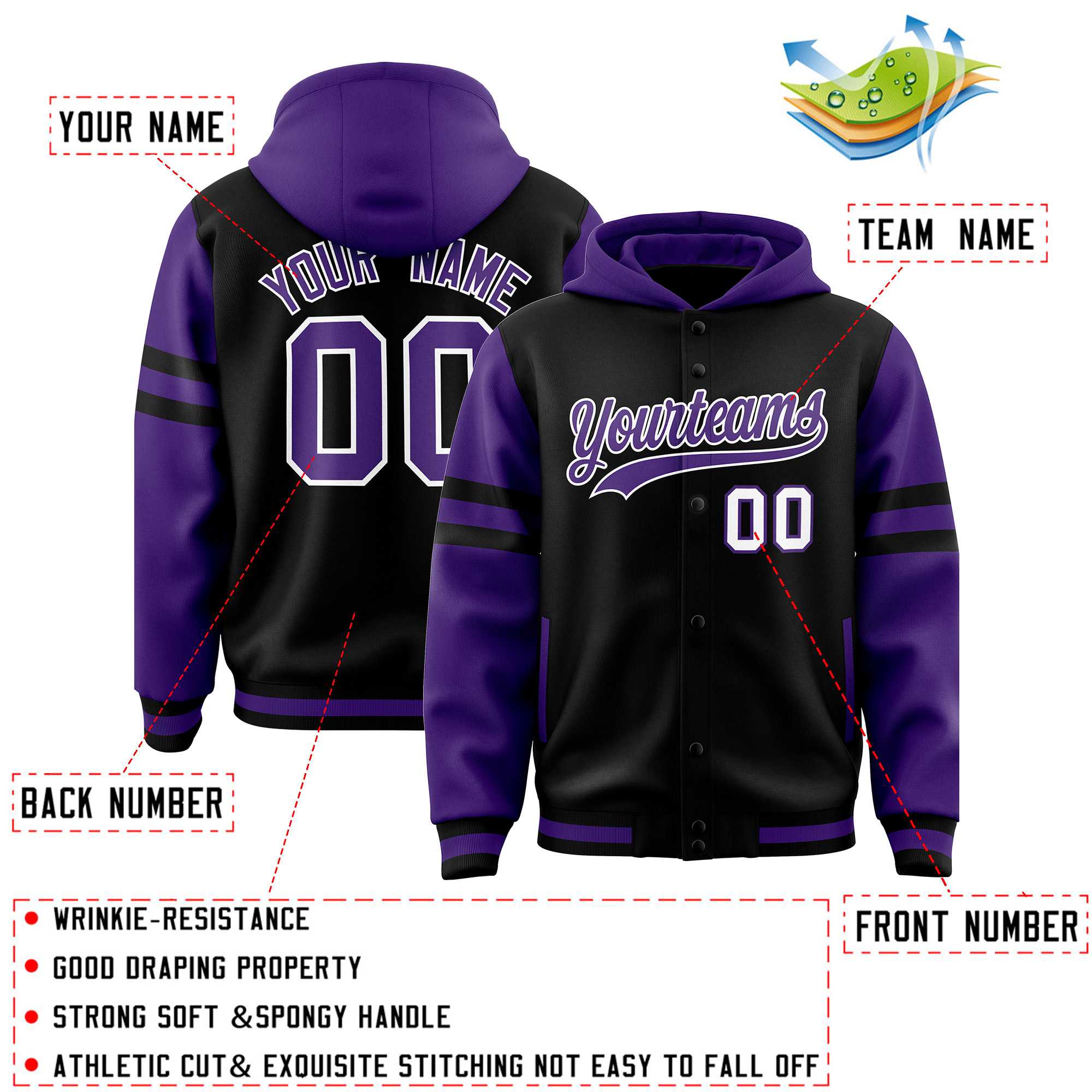 Custom Black Purple Raglan Sleeves Varsity Full-Snap Letterman Three Stripes Jacket Hoodie| KXKSHOP