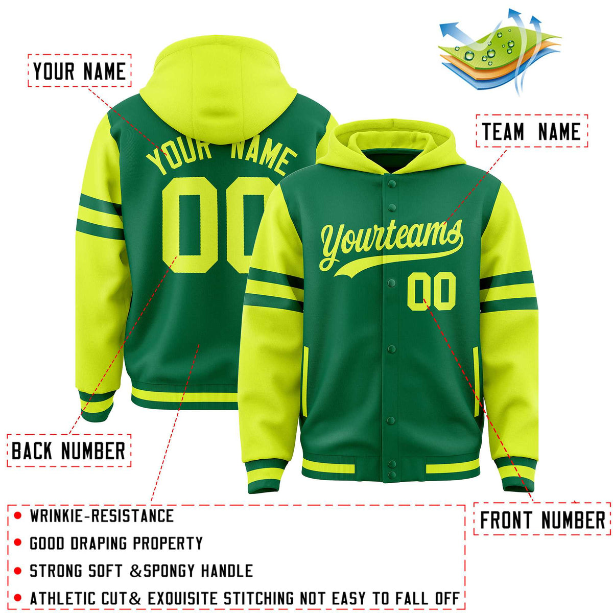 Custom Kelly Green Fluorescent Green Raglan Sleeves Varsity Full-Snap Letterman Three Stripes Jacket Hoodie| KXKSHOP