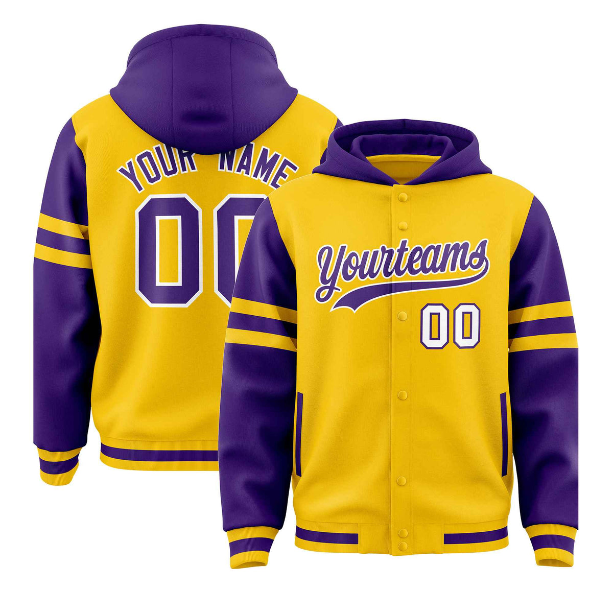 Custom Gold Purple Raglan Sleeves Varsity Full-Snap Letterman Three Stripes Jacket Hoodie| KXKSHOP