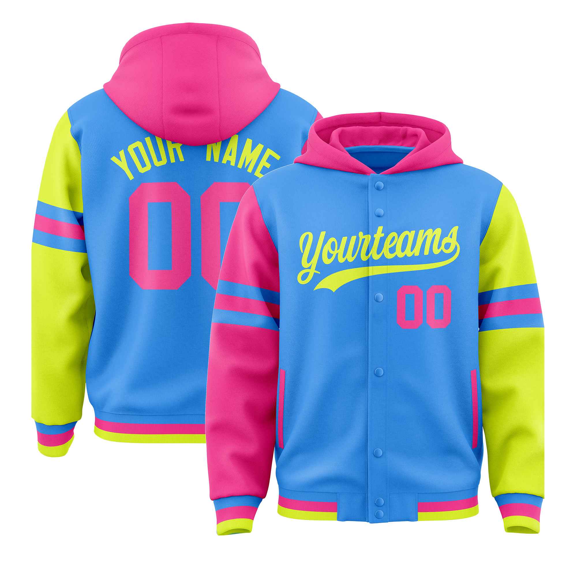 Custom Powder Blue Pink-Fluorescent Green Raglan Sleeves Varsity Full-Snap Letterman Three Stripes Jacket Hoodie| KXKSHOP
