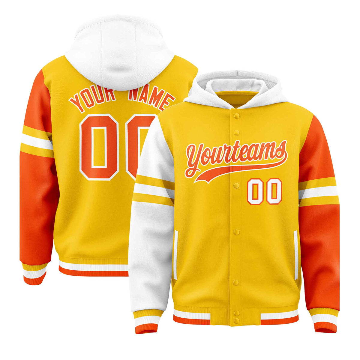 Custom Gold White-Orange Raglan Sleeves Varsity Full-Snap Letterman Three Stripes Jacket Hoodie| KXKSHOP