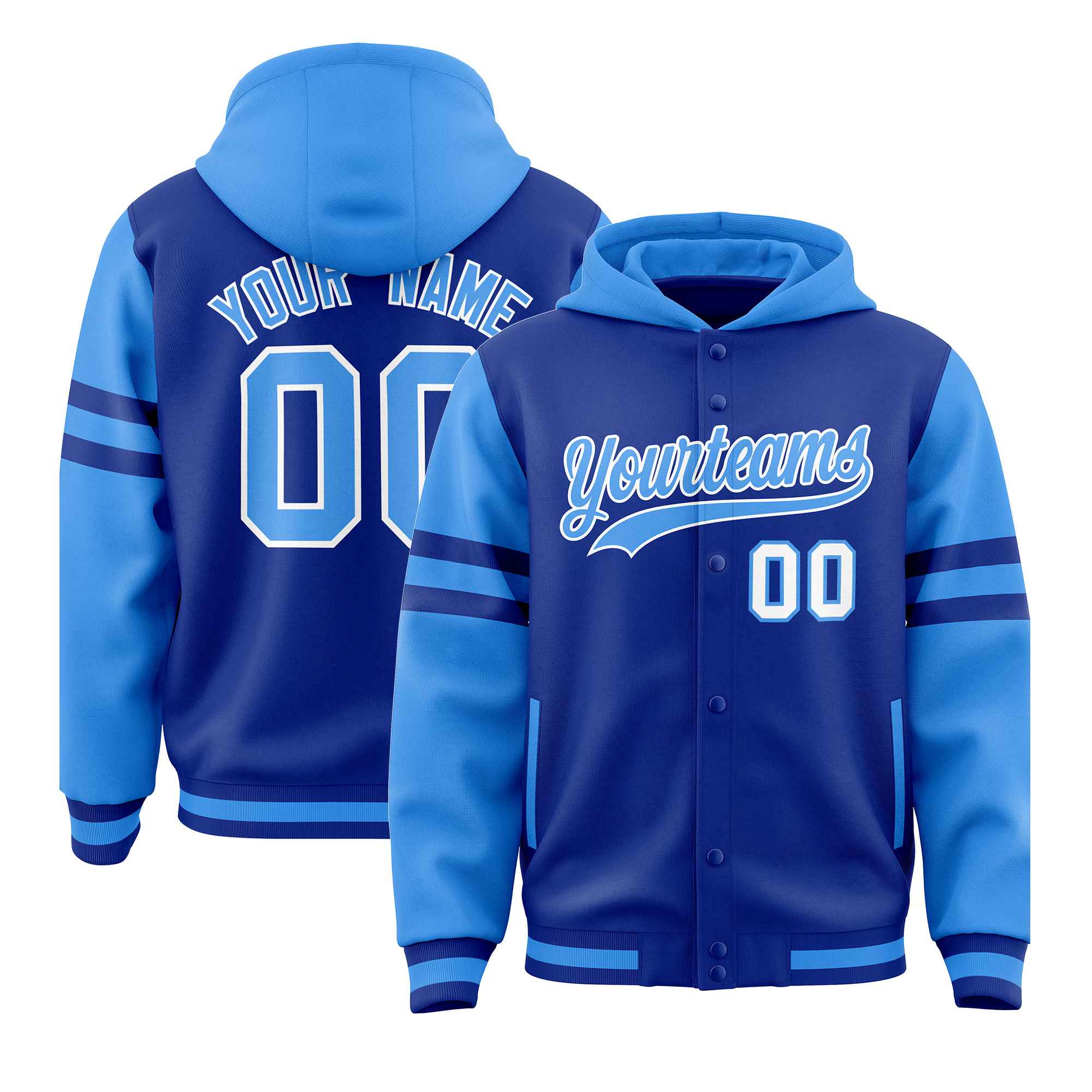 Custom Royal Powder Blue Raglan Sleeves Varsity Full-Snap Letterman Three Stripes Jacket Hoodie| KXKSHOP