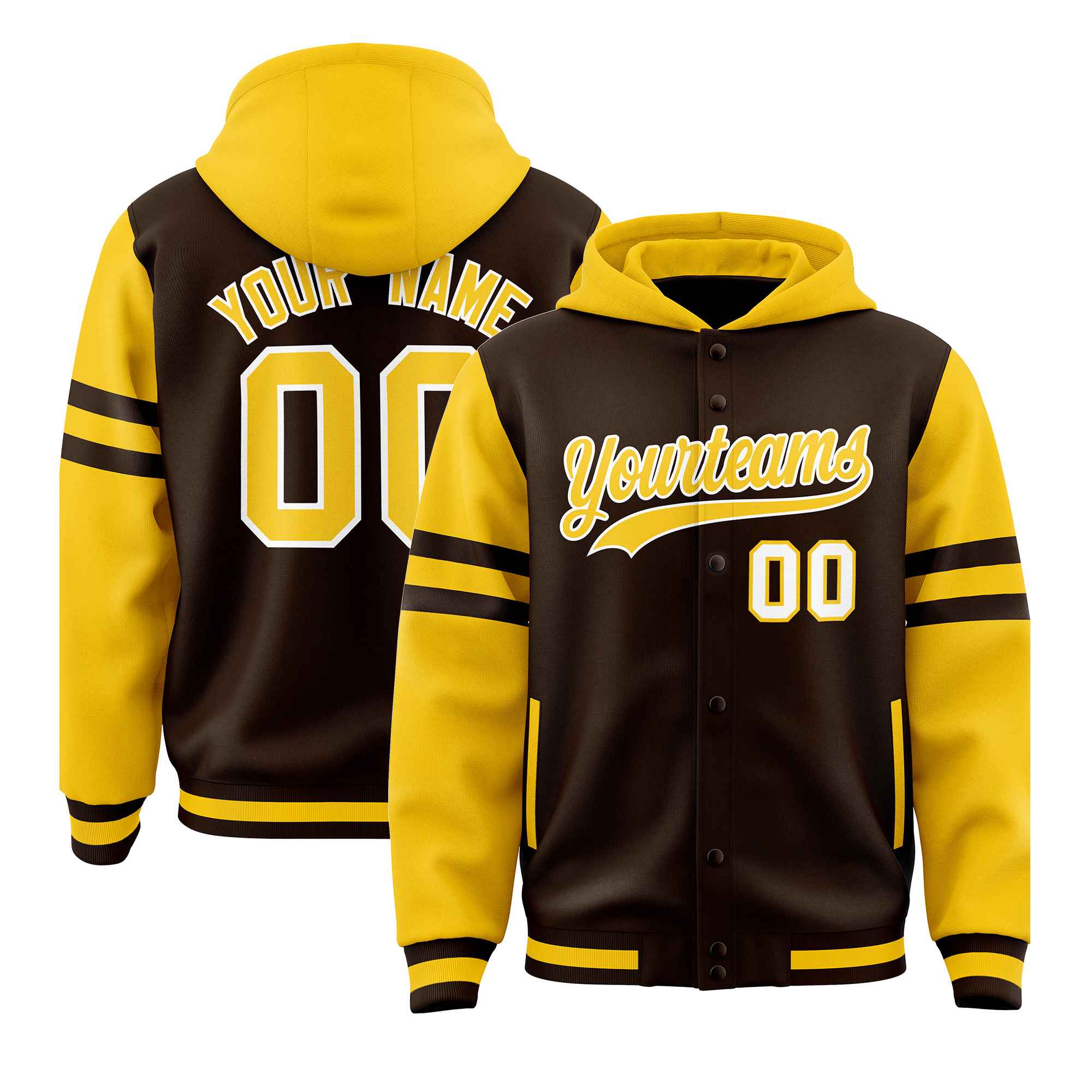 Custom Brown Gold Raglan Sleeves Varsity Full-Snap Letterman Three Stripes Jacket Hoodie| KXKSHOP