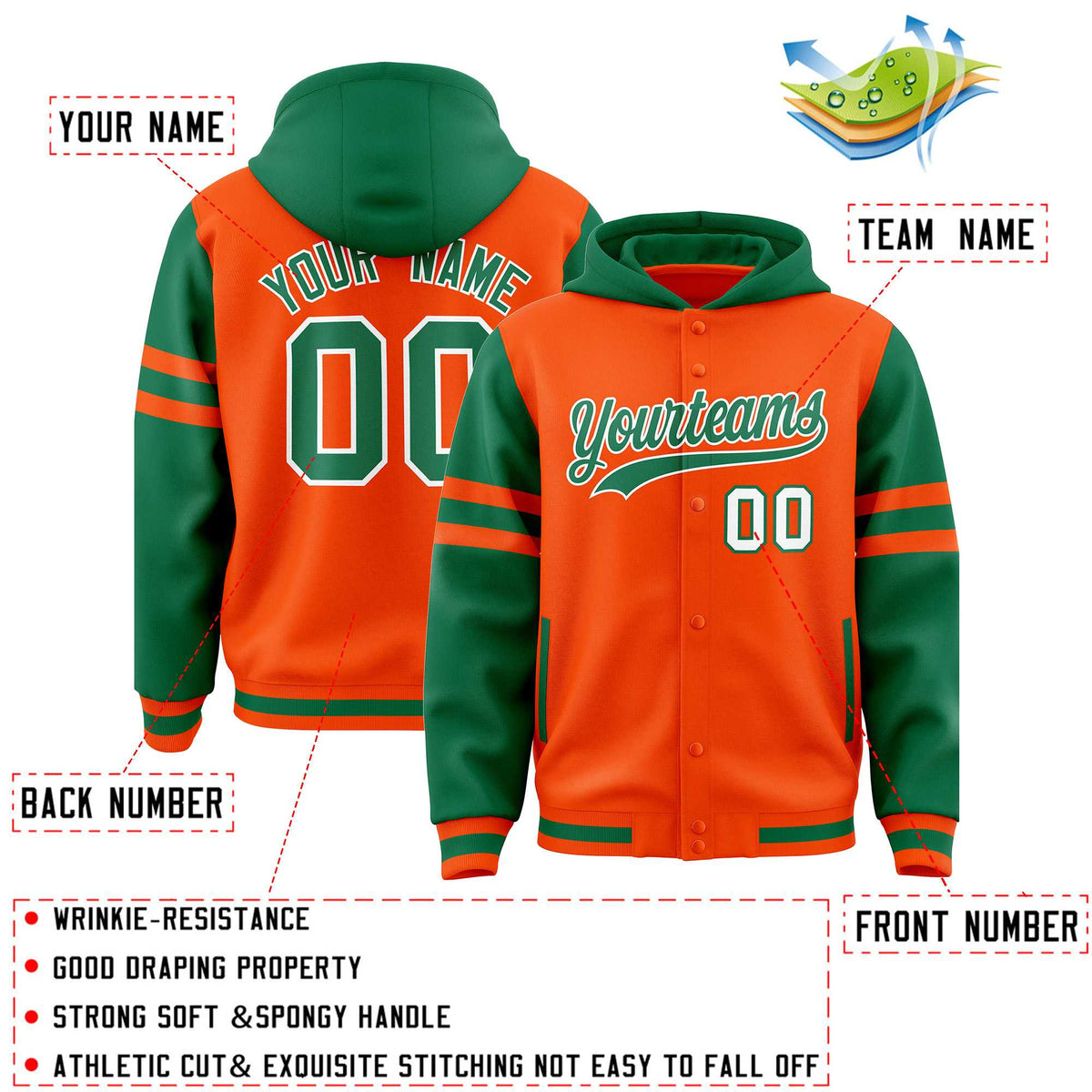 Custom Orange Kelly Green Raglan Sleeves Varsity Full-Snap Letterman Three Stripes Jacket Hoodie| KXKSHOP