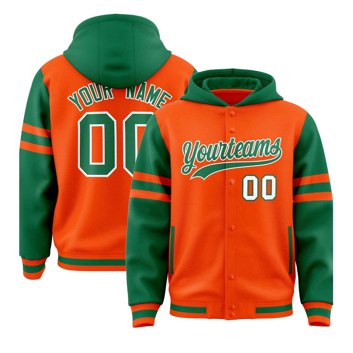 Custom Orange Kelly Green Raglan Sleeves Varsity Full-Snap Letterman Three Stripes Jacket Hoodie| KXKSHOP