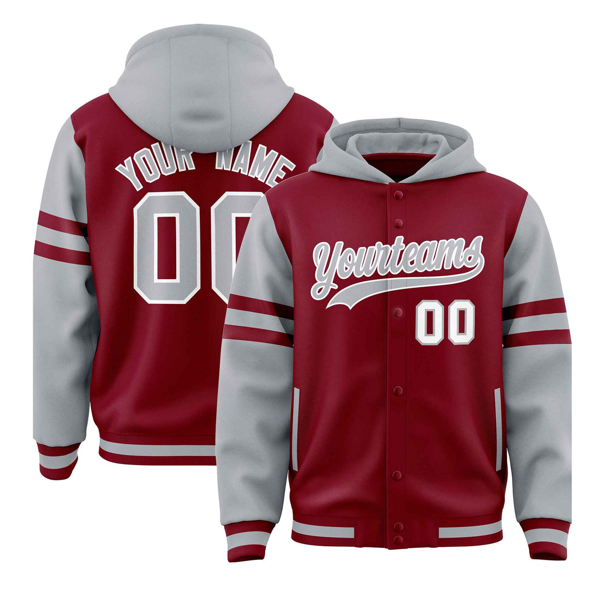 Custom Crimson Silver Raglan Sleeves Varsity Full-Snap Letterman Three Stripes Jacket Hoodie| KXKSHOP